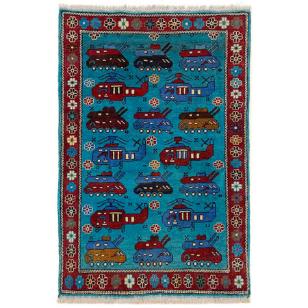 War Area Rug Handmade Blue Tank + Helicopter 2x4 ft