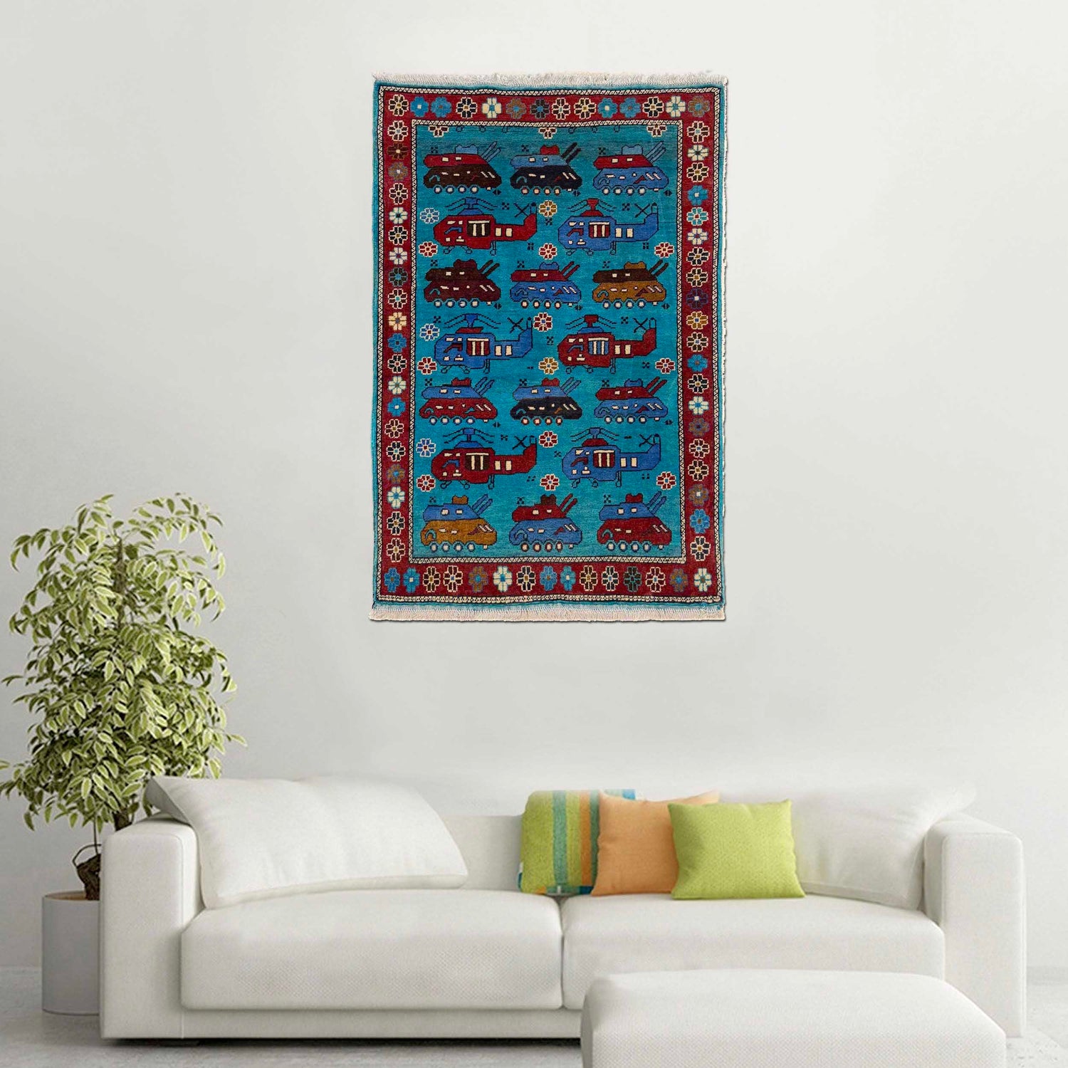 War Area Rug Handmade Blue Tank + Helicopter 2x4 ft