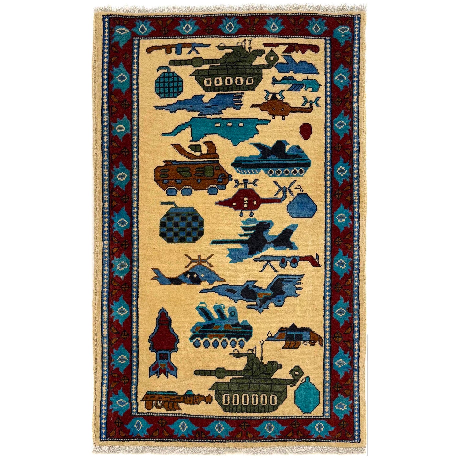 War Area Rug Handmade Beige Riffle + Tank + Helicopter +