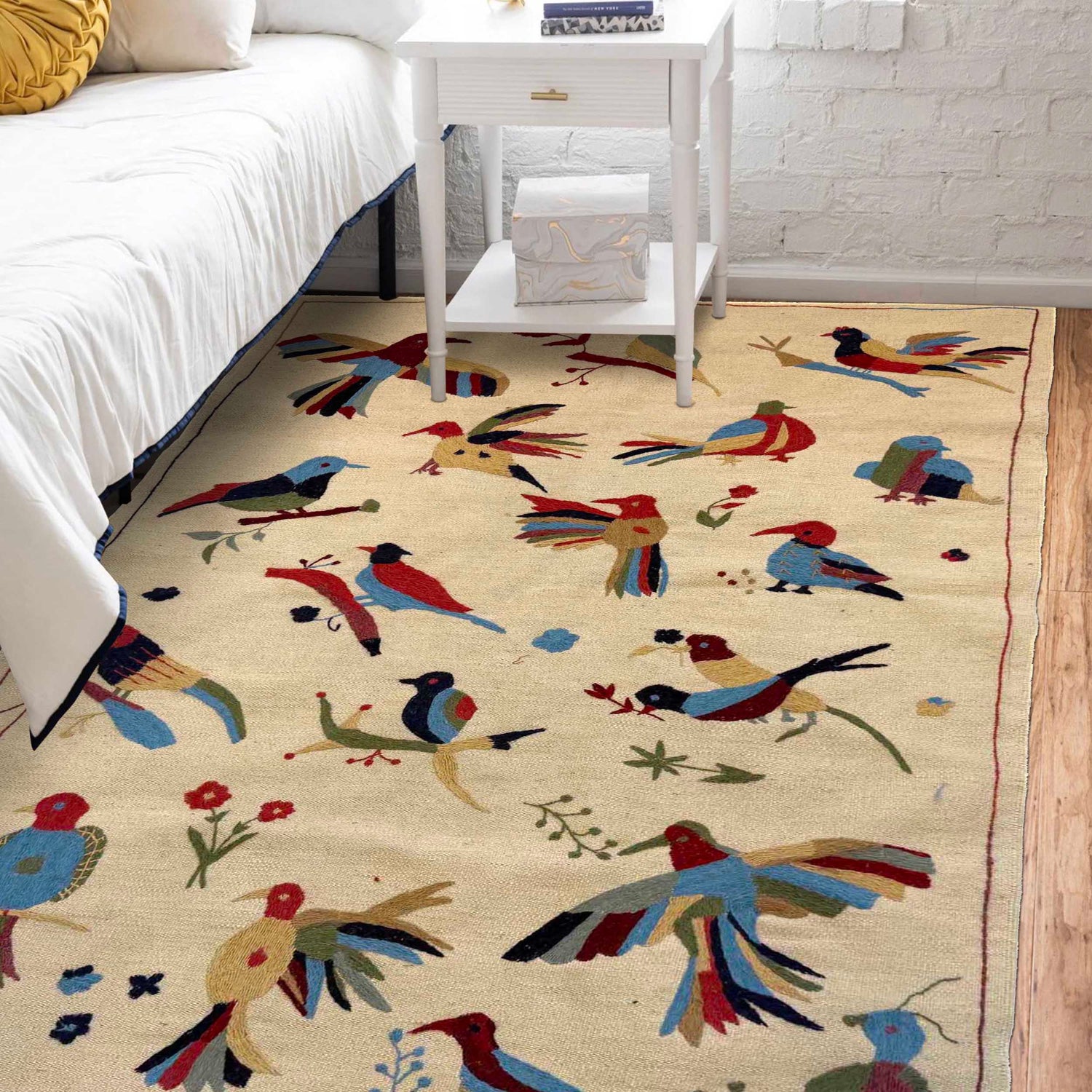 Embroidery Kilim Area Rug Handmade Beige Animal 4x6 ft