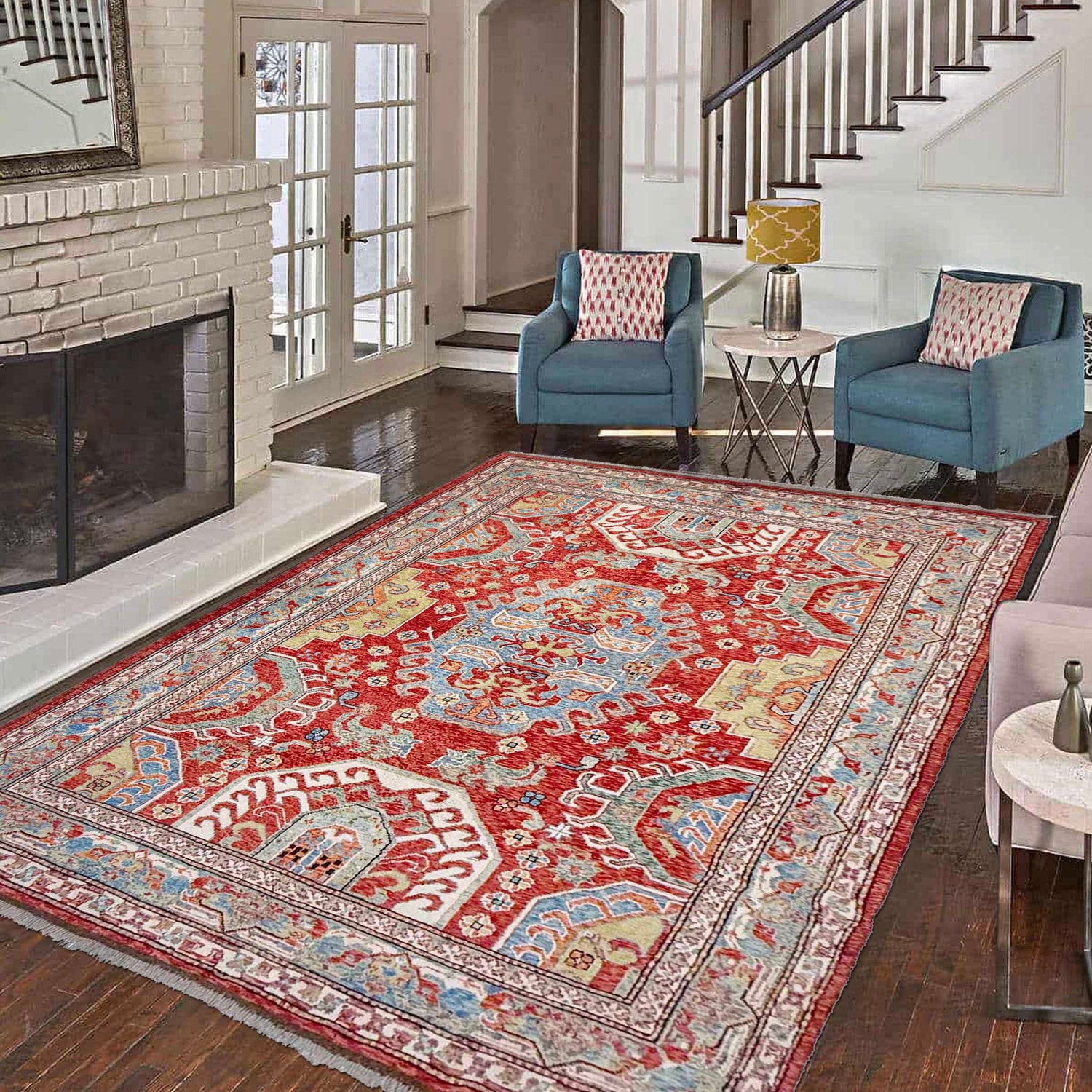Heriz Area Rug Handmade Red Medallion 7x10 ft