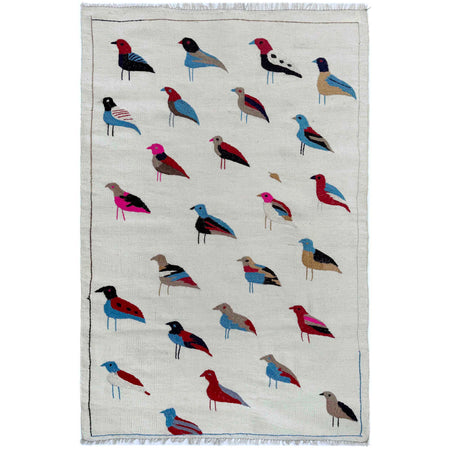 Embroidery Kilim Area Rug Handmade Beige Animal 4x6 ft