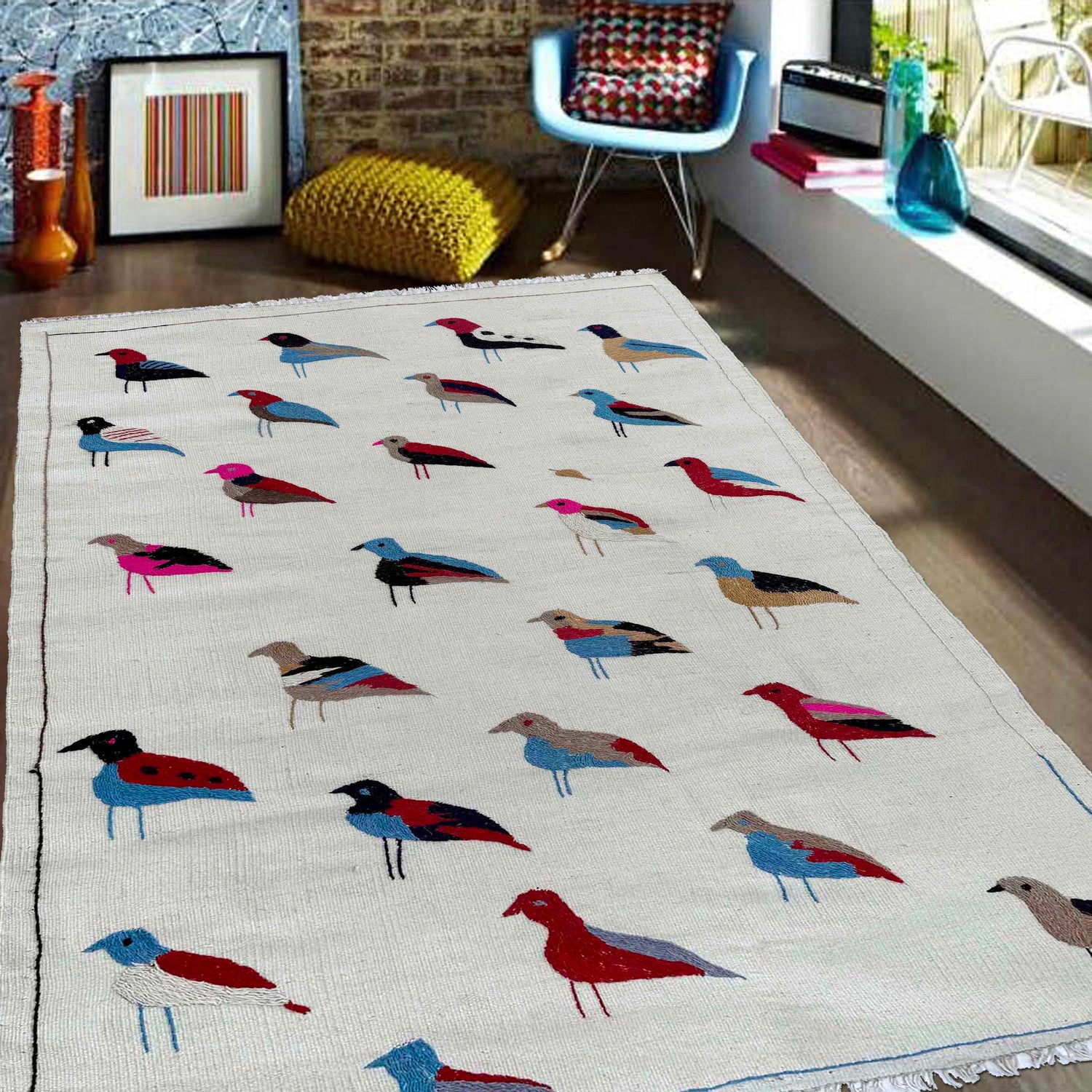 Embroidery Kilim Area Rug Handmade Beige Animal 4x6 ft