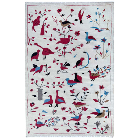 Embroidery Kilim Area Rug Handmade Beige Animal 4x6 ft