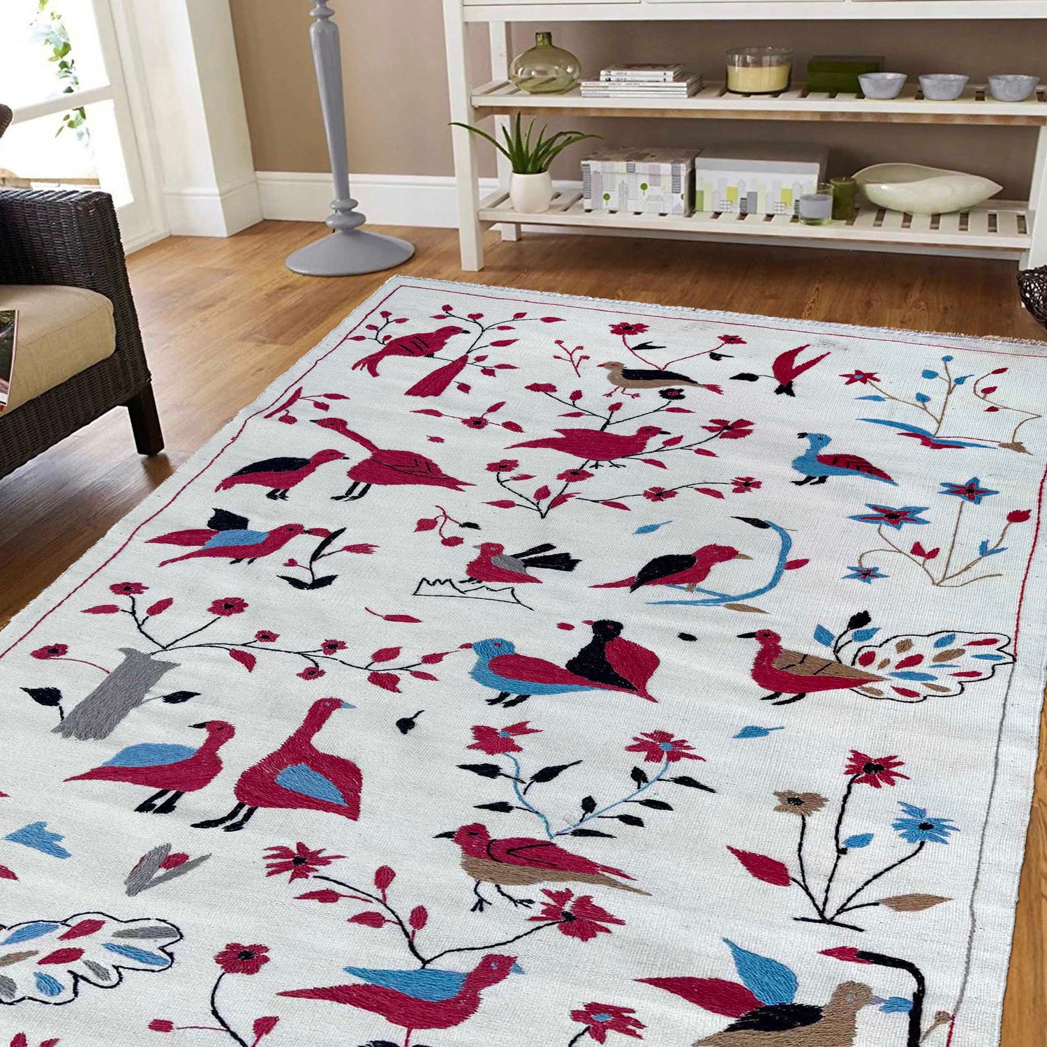 Embroidery Kilim Area Rug Handmade Beige Animal 4x6 ft