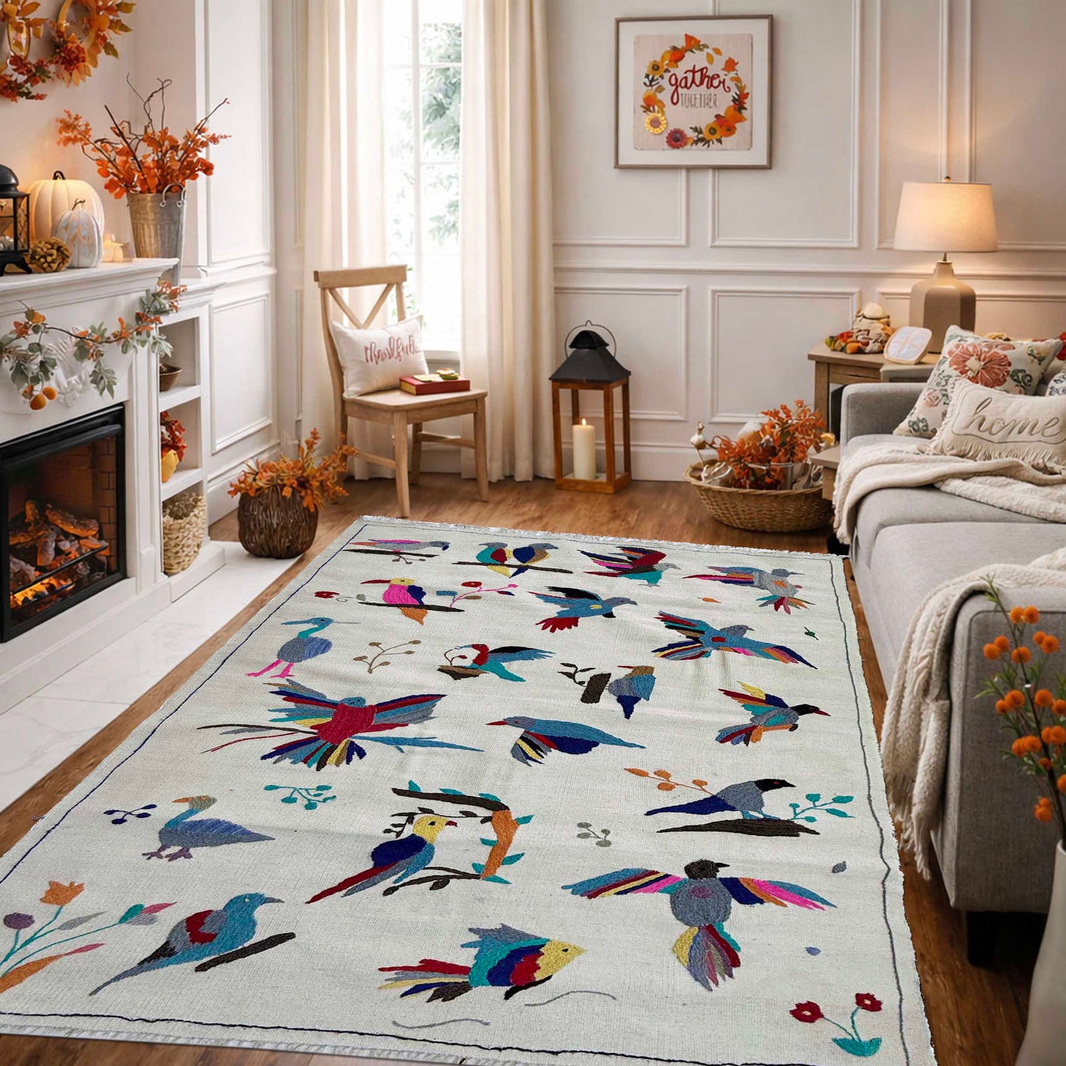 Embroidery Kilim Area Rug Handmade Beige Animal 4x6 ft