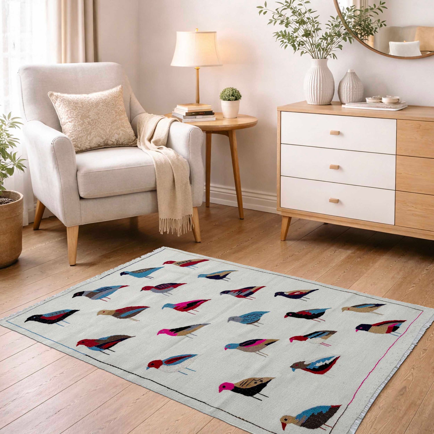 Embroidery Kilim Area Rug Handmade Beige Animal 3x5 ft