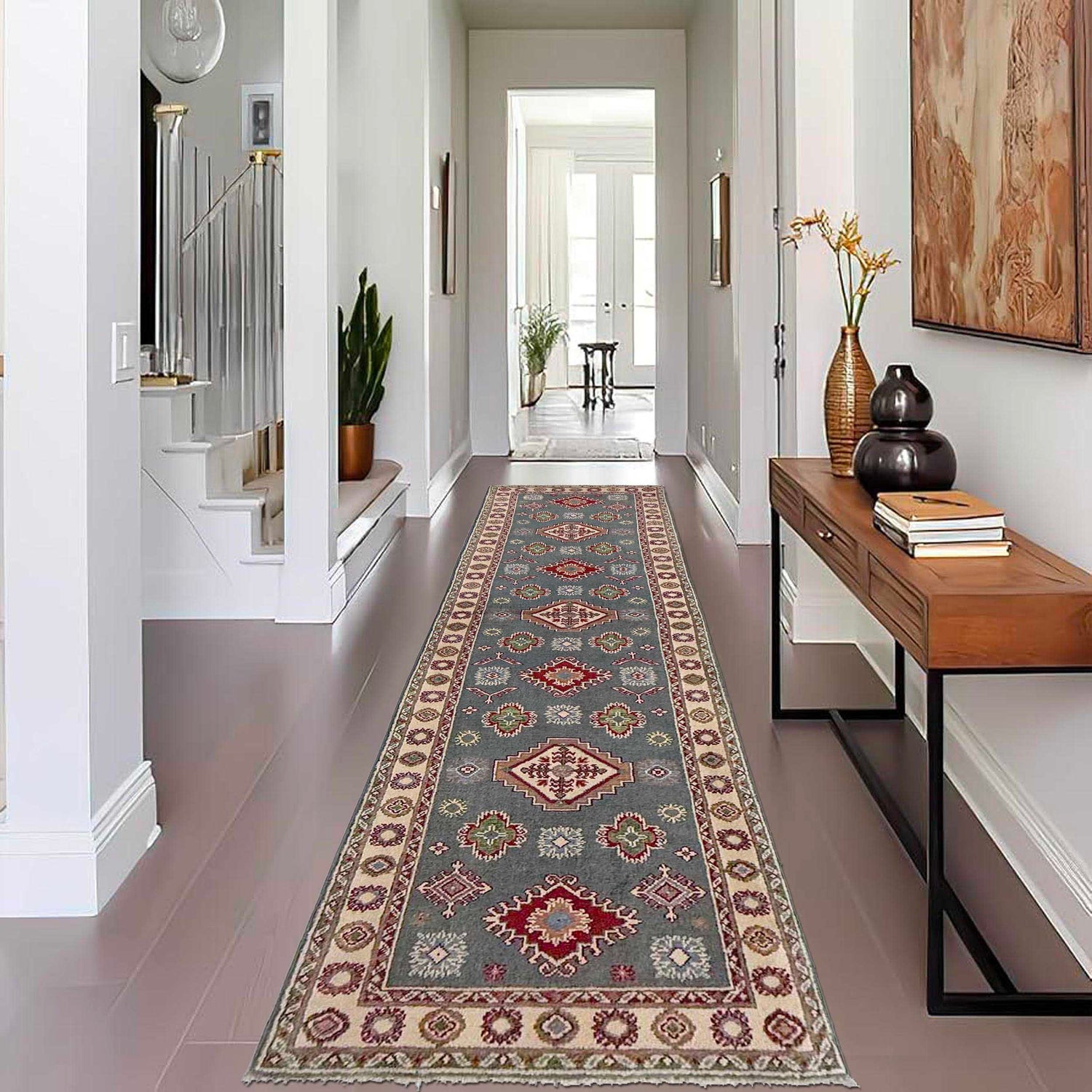 Kazak Rug Handmade Gray Medallion 10' Runner