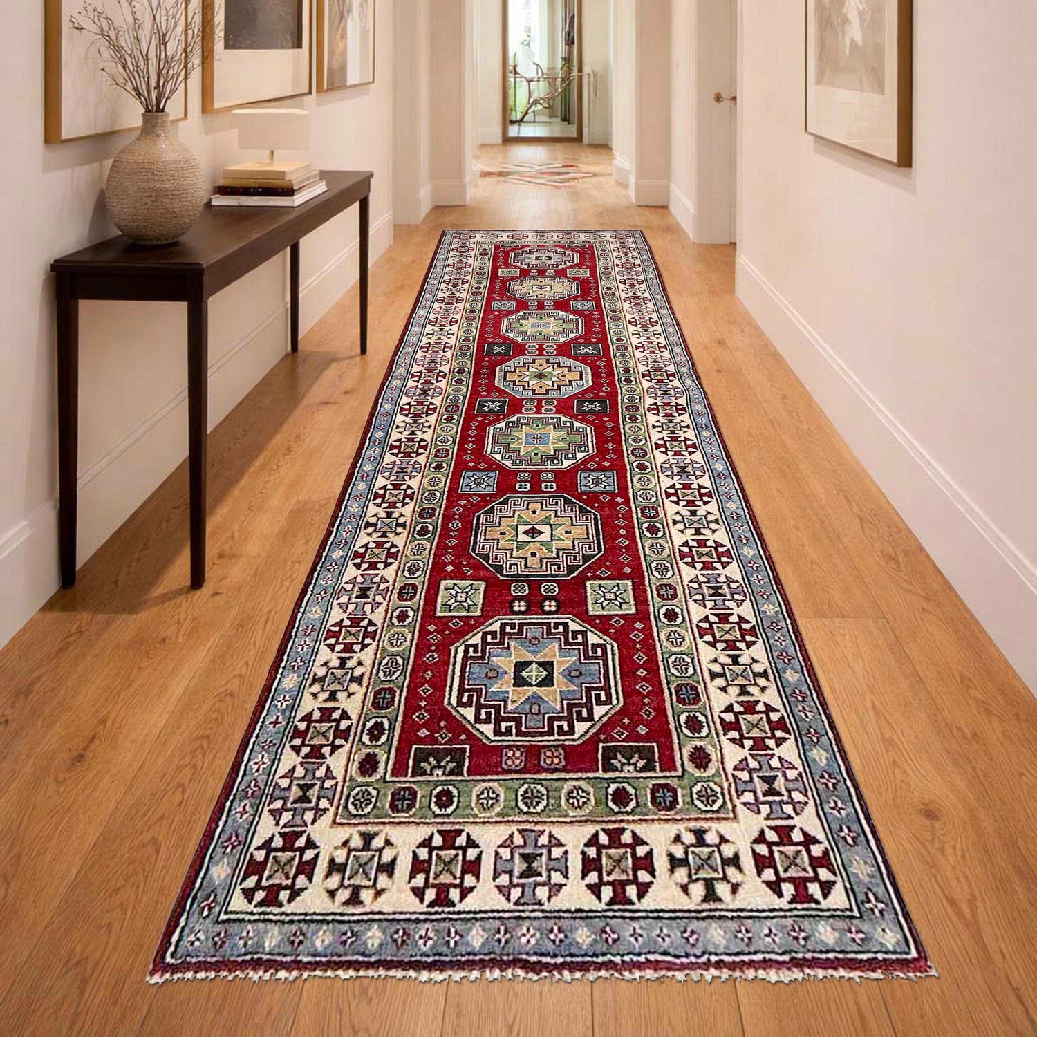 Kazak Rug Handmade Red Medallion 10' Runner