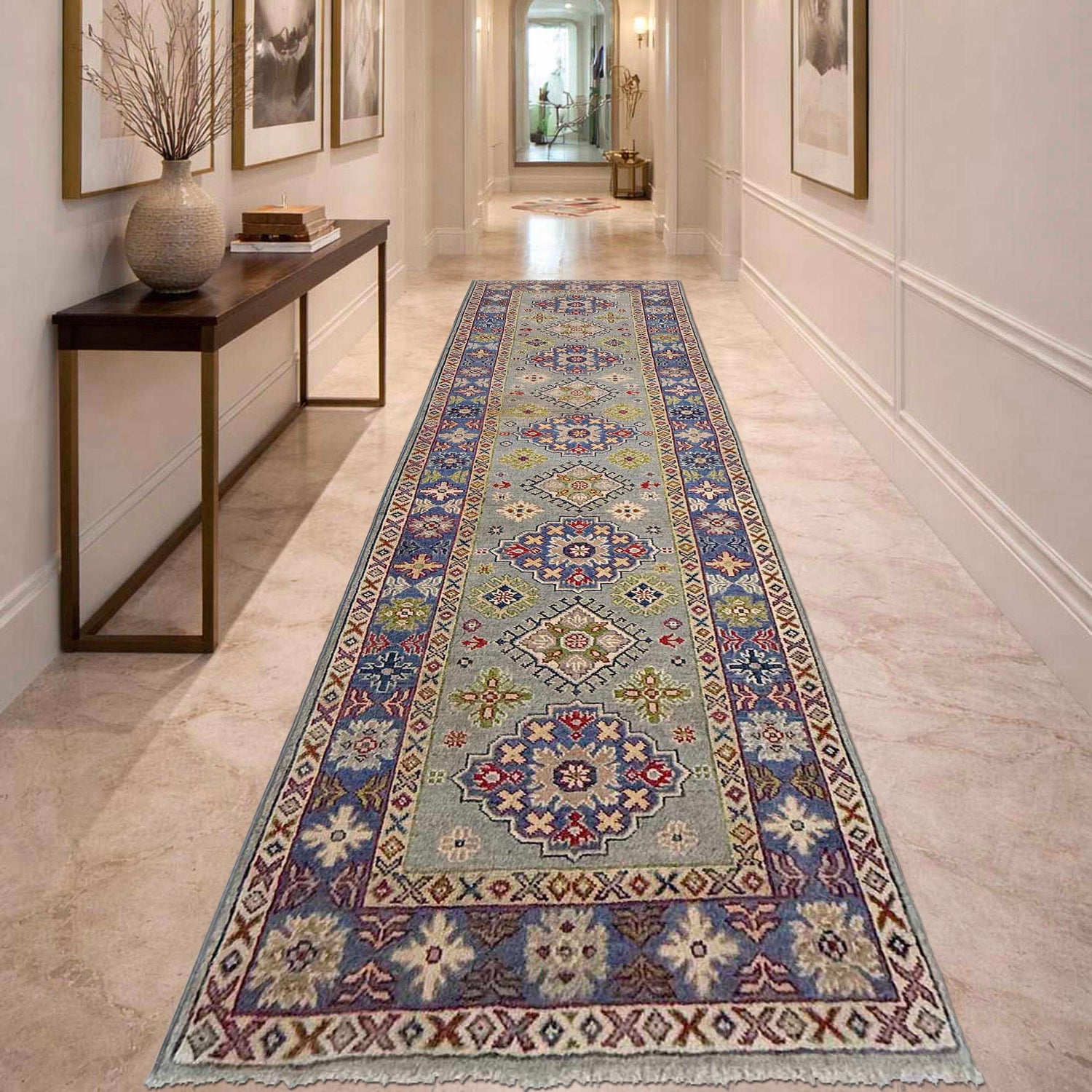 Kazak Rug Handmade Gray Medallion 10' Runner