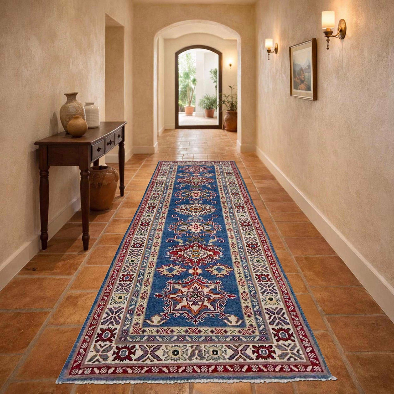 Kazak Rug Handmade Blue Medallion 10' Runner