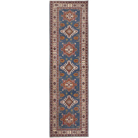 Kazak Rug Handmade Blue Medallion 10' Runner