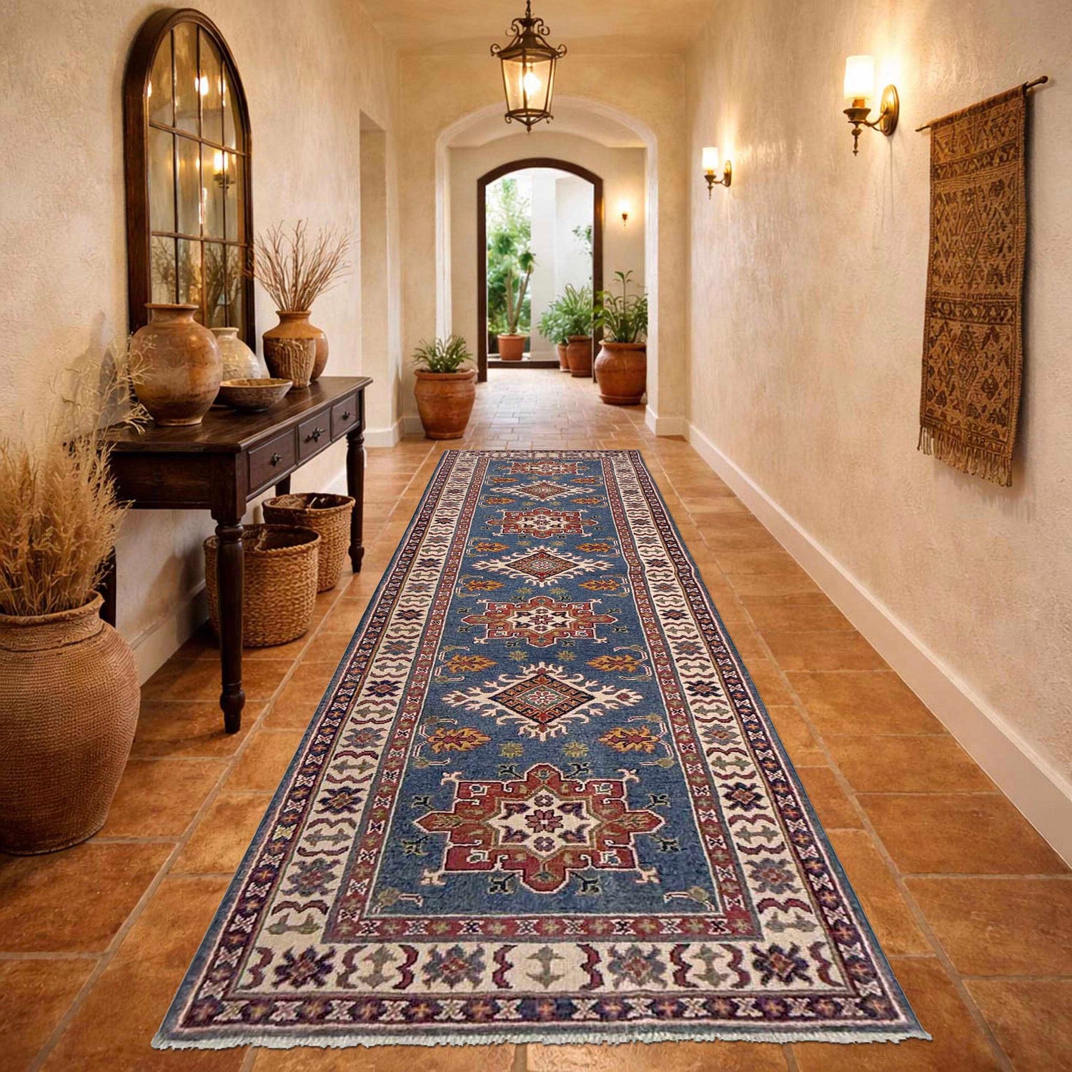 Kazak Rug Handmade Blue Medallion 10' Runner