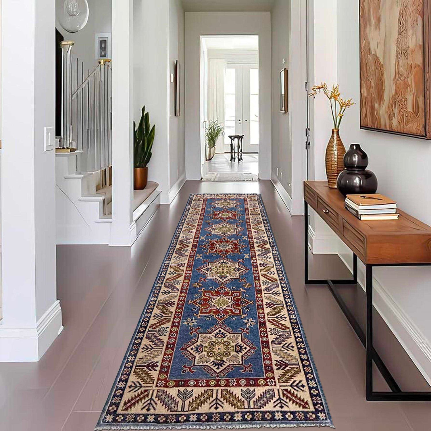 Kazak Rug Handmade Blue Medallion 10' Runner