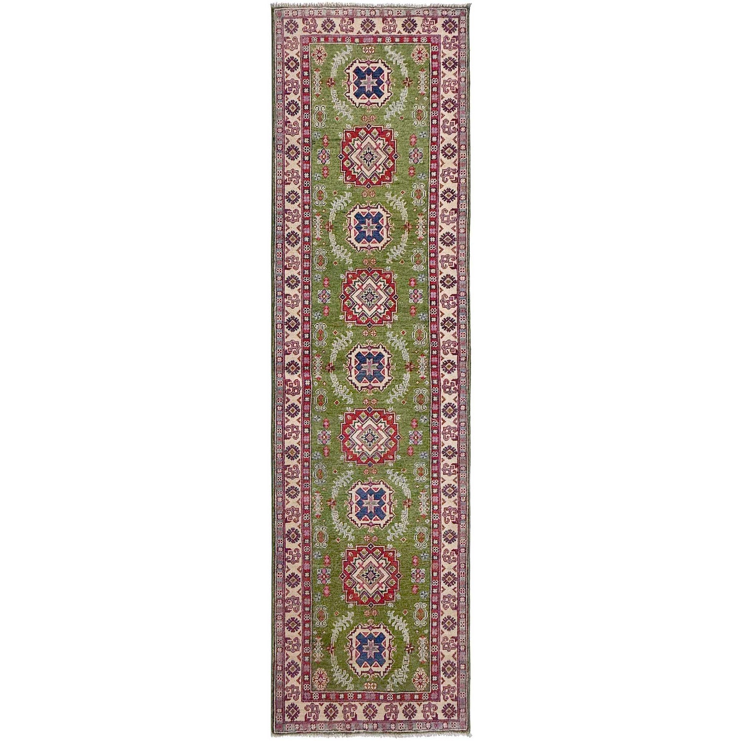 Kazak Rug Handmade Green Medallion 10' Runner