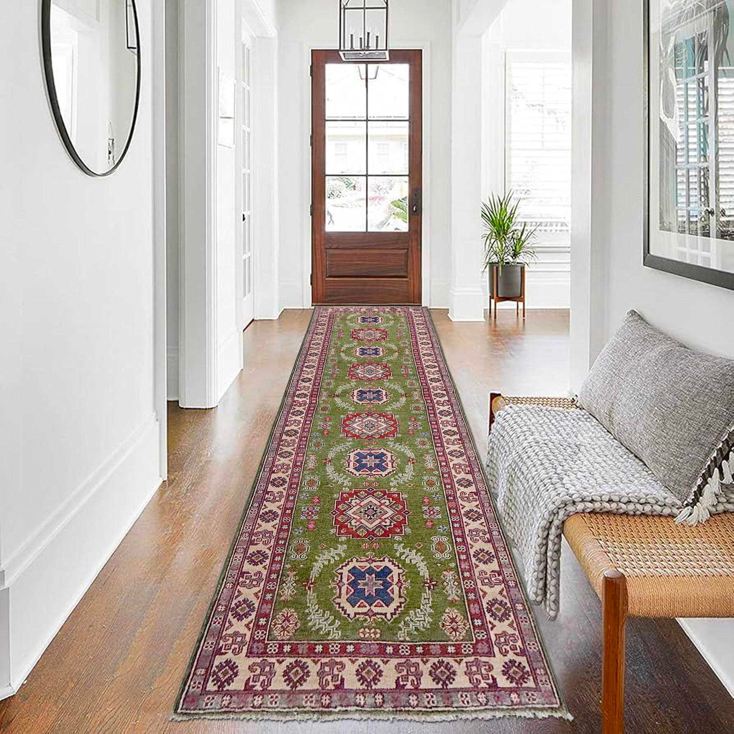 Kazak Rug Handmade Green Medallion 10' Runner