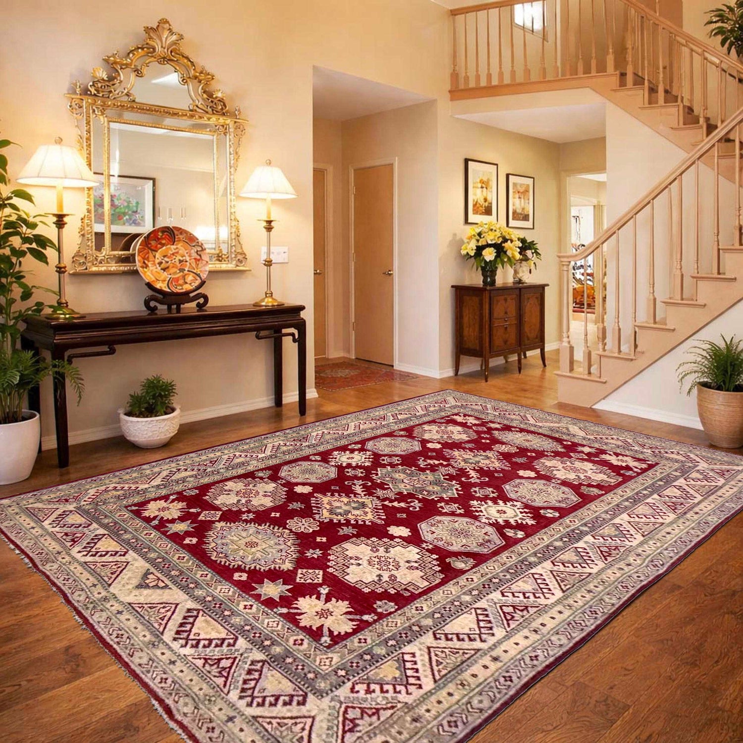 Kazak Rug Handmade Red Medallion 7x10 ft