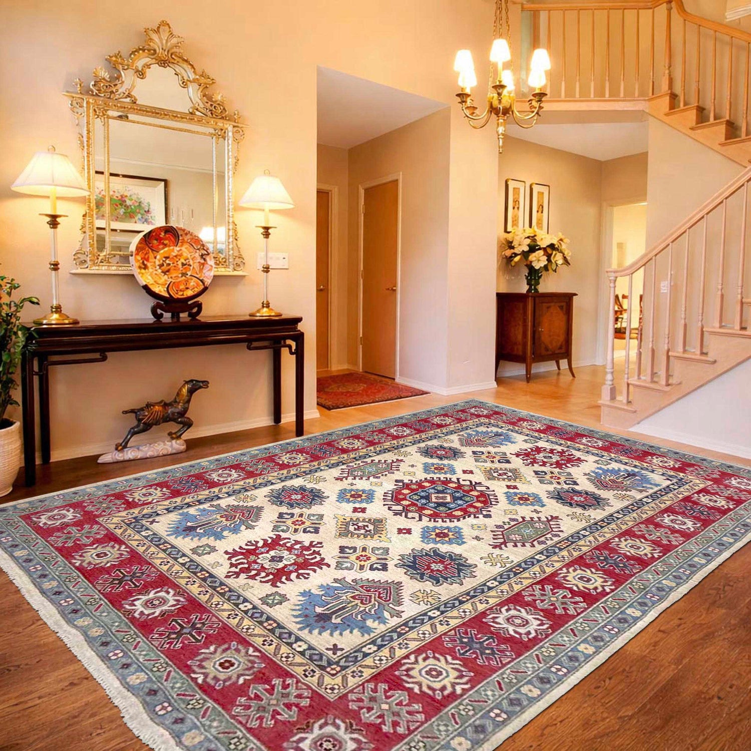 Kazak Rug Handmade Beige Medallion 7x10 ft