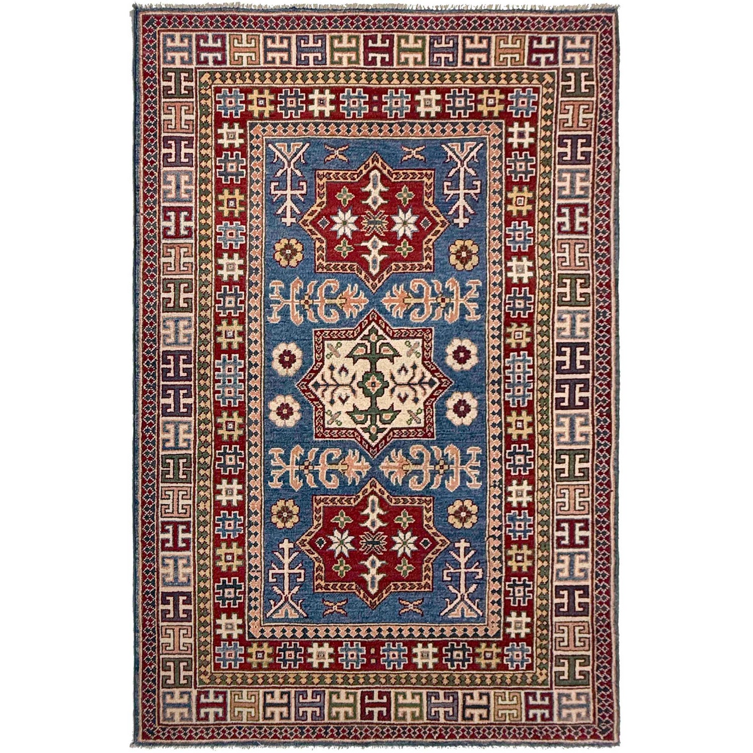 Kazak Rug Handmade Blue Medallion 4x6 ft
