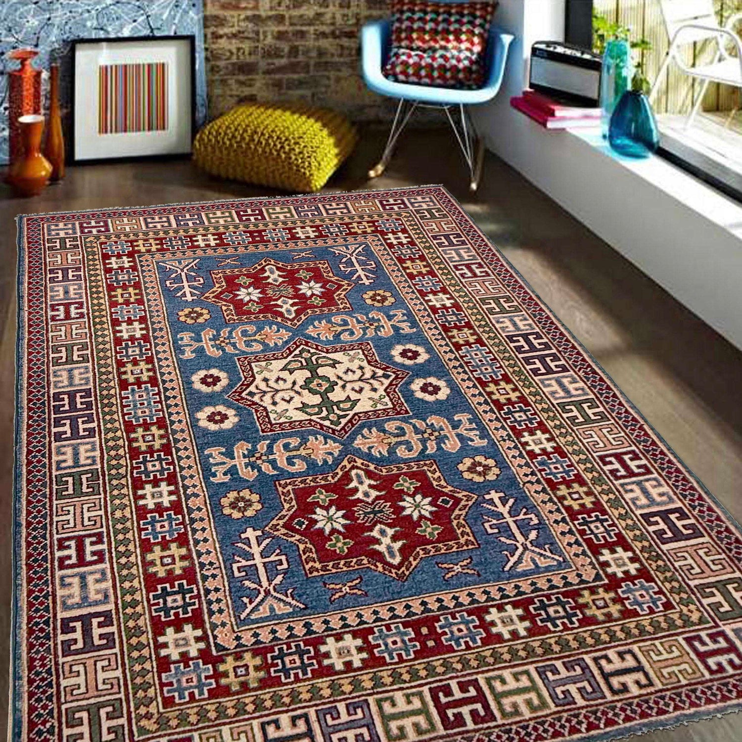 Kazak Rug Handmade Blue Medallion 4x6 ft