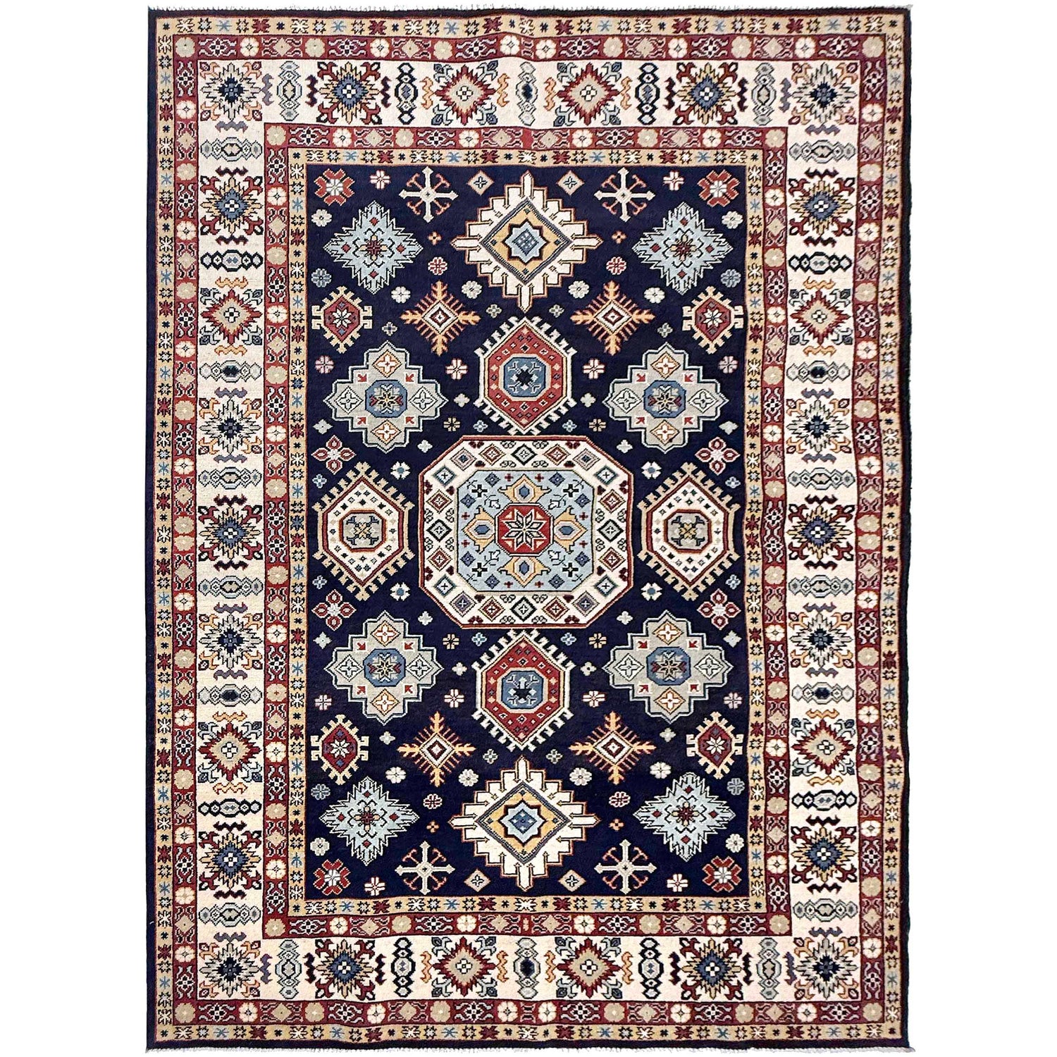 Kazak Rug Handmade Blue Medallion 7x10 ft