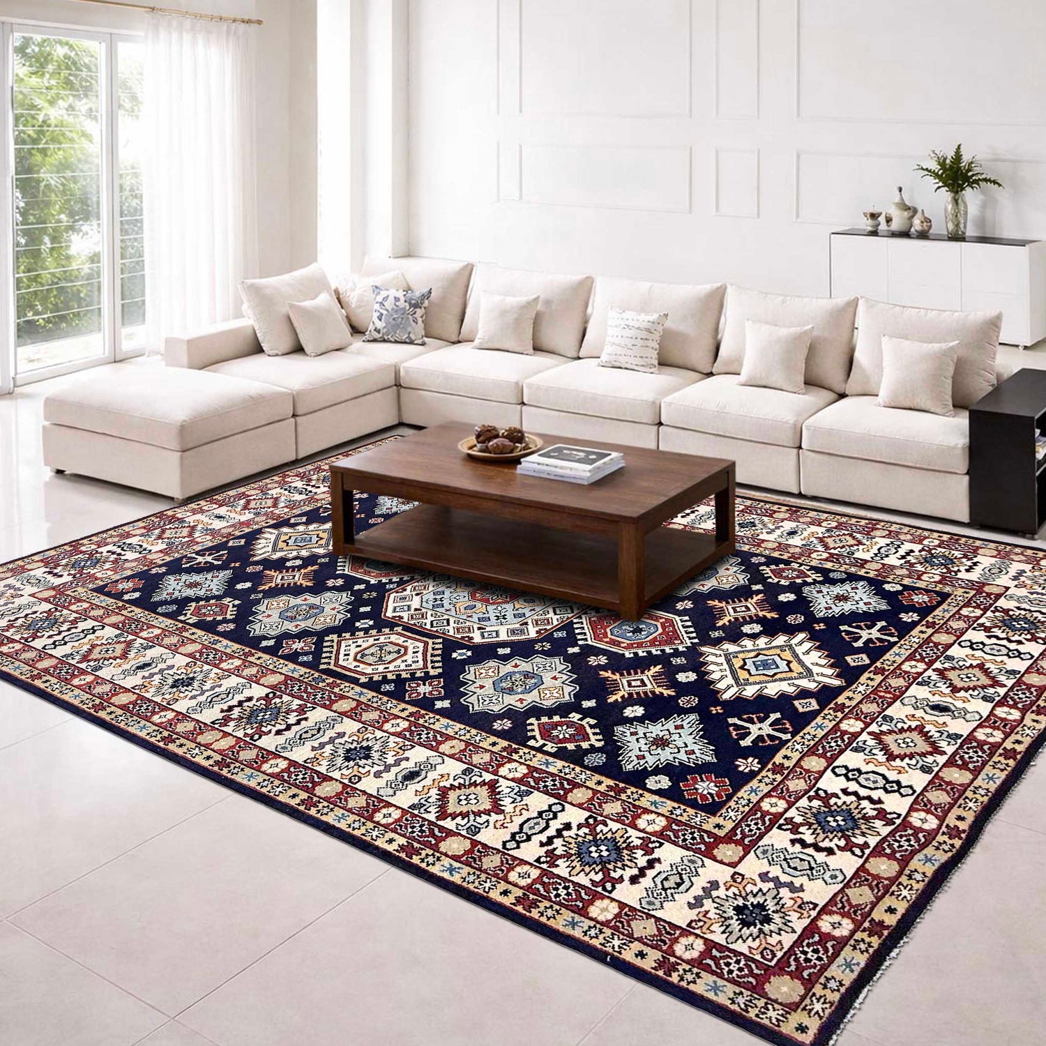 Kazak Rug Handmade Blue Medallion 7x10 ft