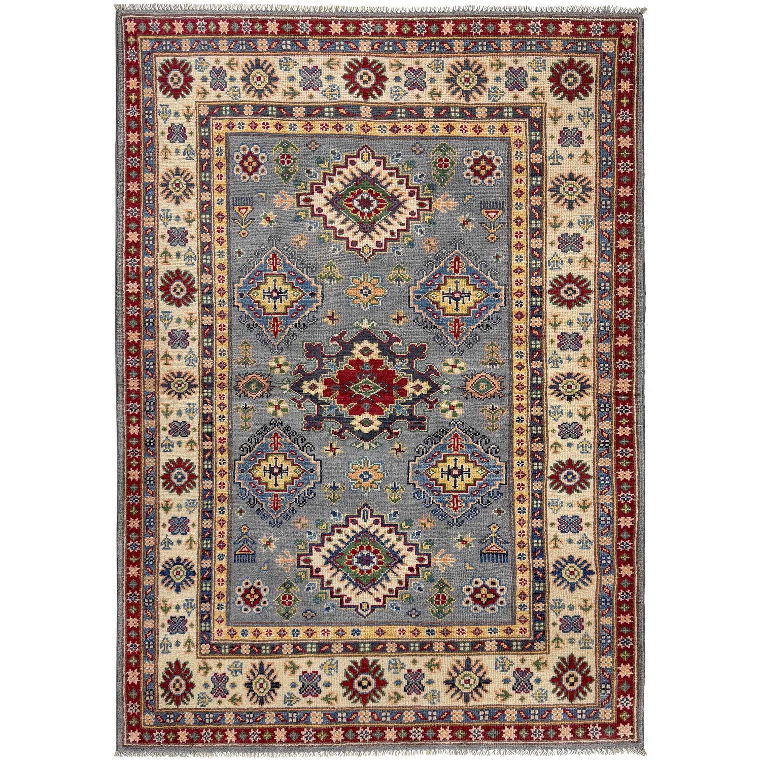 Kazak Rug Handmade Gray Medallion 4x6 ft