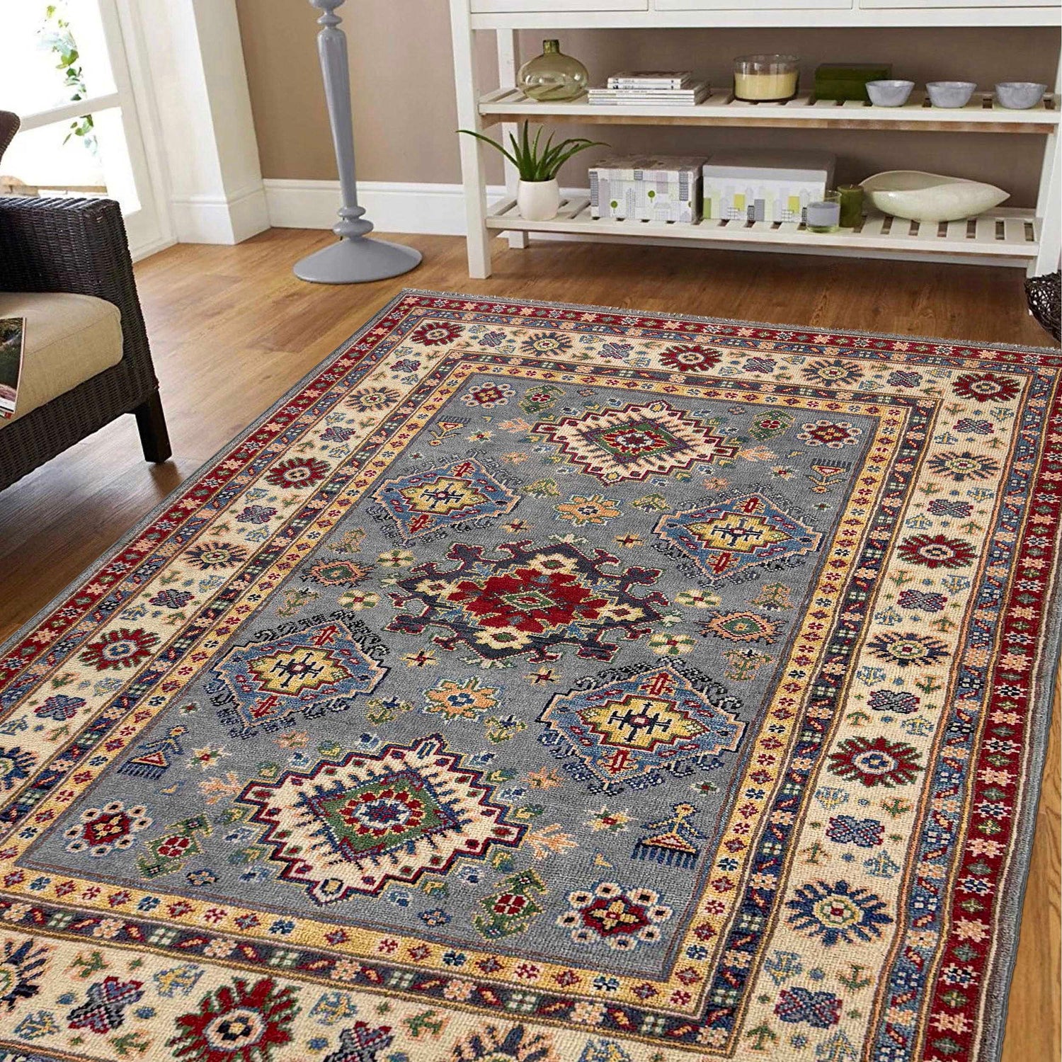 Kazak Rug Handmade Gray Medallion 4x6 ft