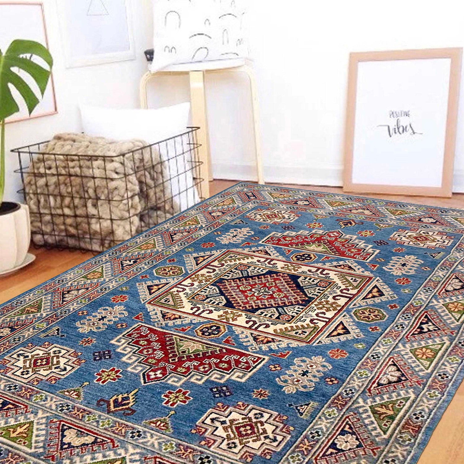 Kazak Rug Handmade Blue Medallion 4x7 ft