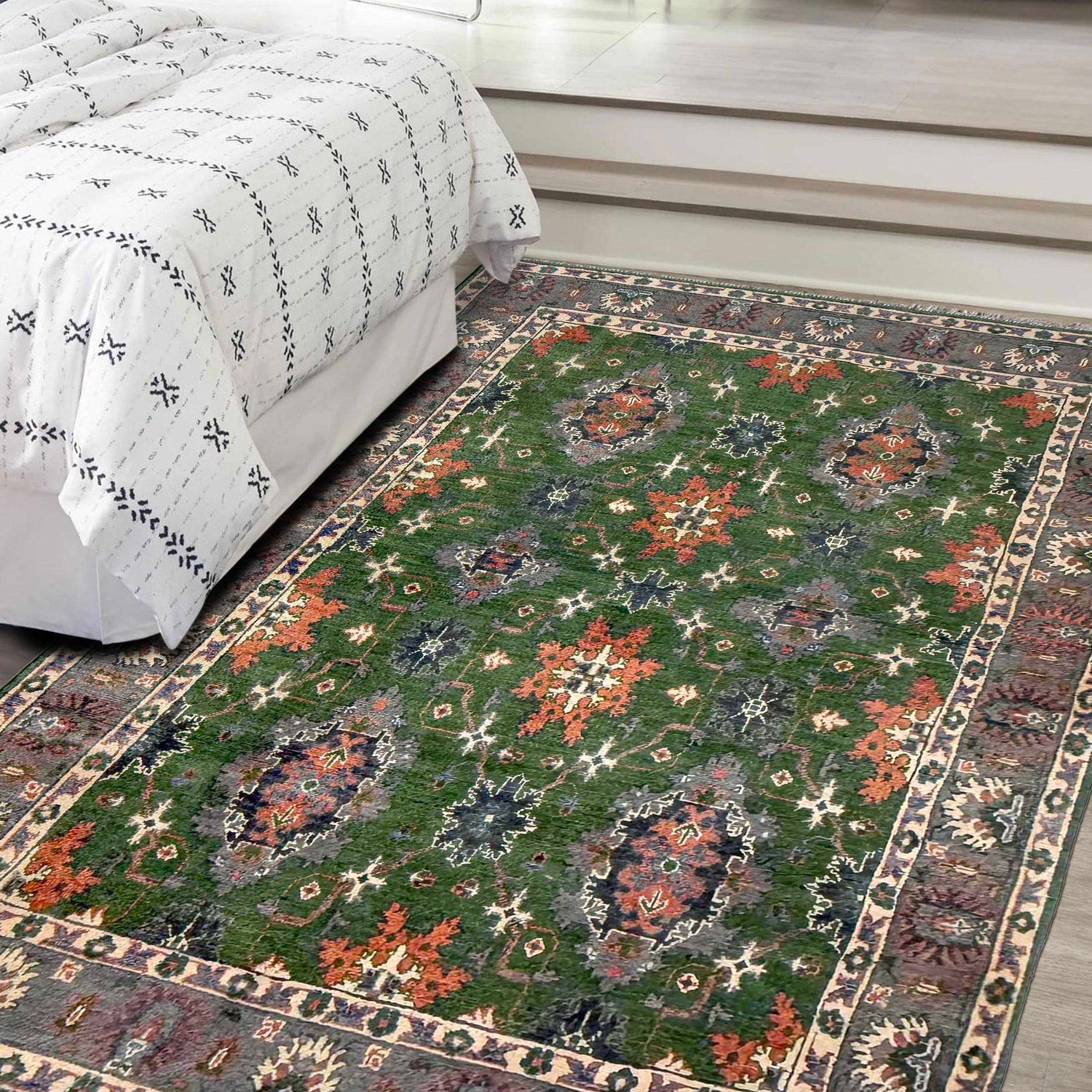 Kazak Rug Handmade Green Medallion 4x7 ft