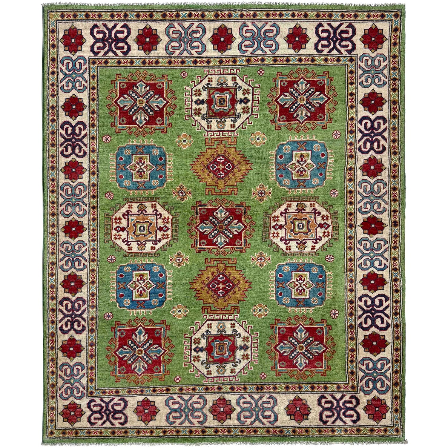 Kazak Rug Handmade Green Medallion 4x7 ft