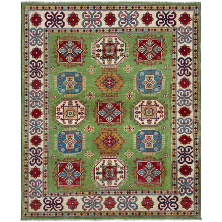 Kazak Rug Handmade Green Medallion 4x7 ft