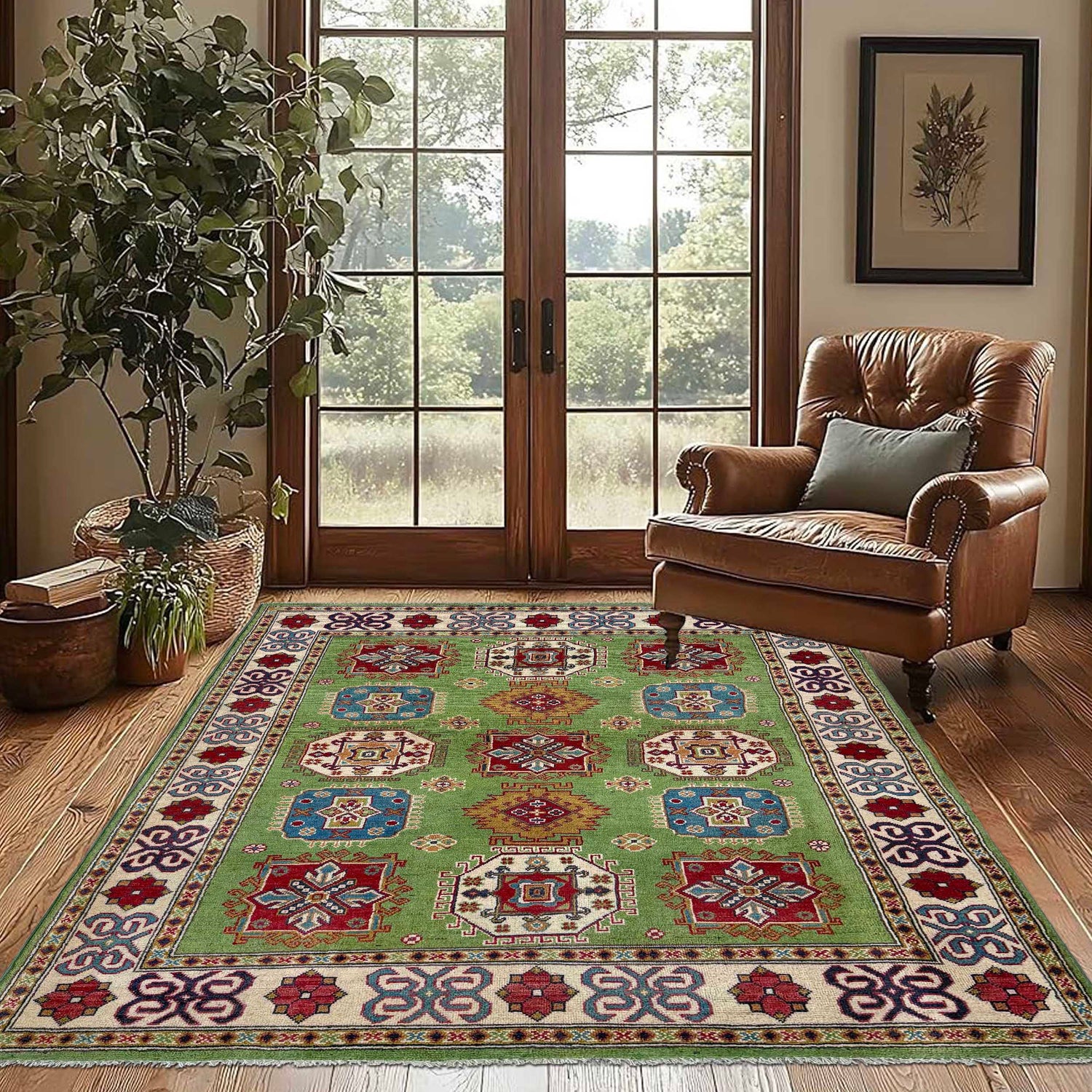 Kazak Rug Handmade Green Medallion 4x7 ft
