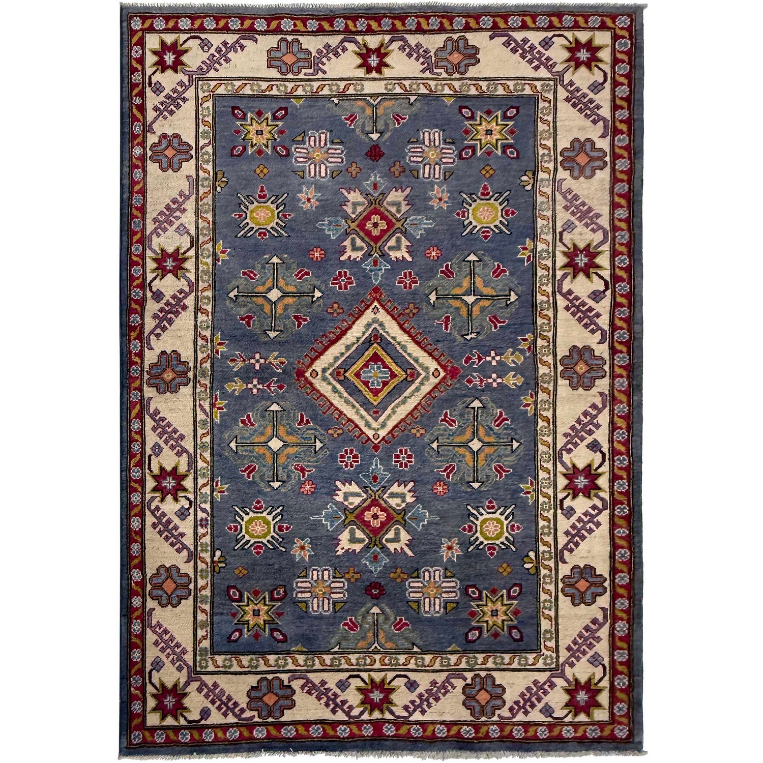 Kazak Rug Handmade Blue Medallion 4x7 ft