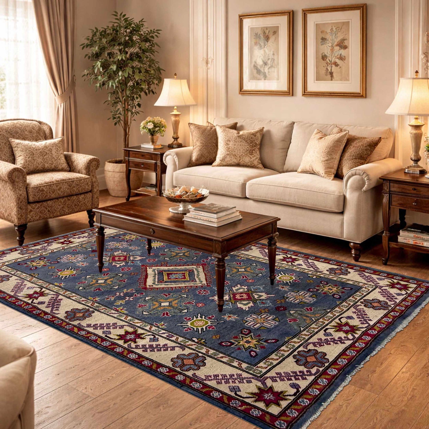 Kazak Rug Handmade Blue Medallion 4x7 ft