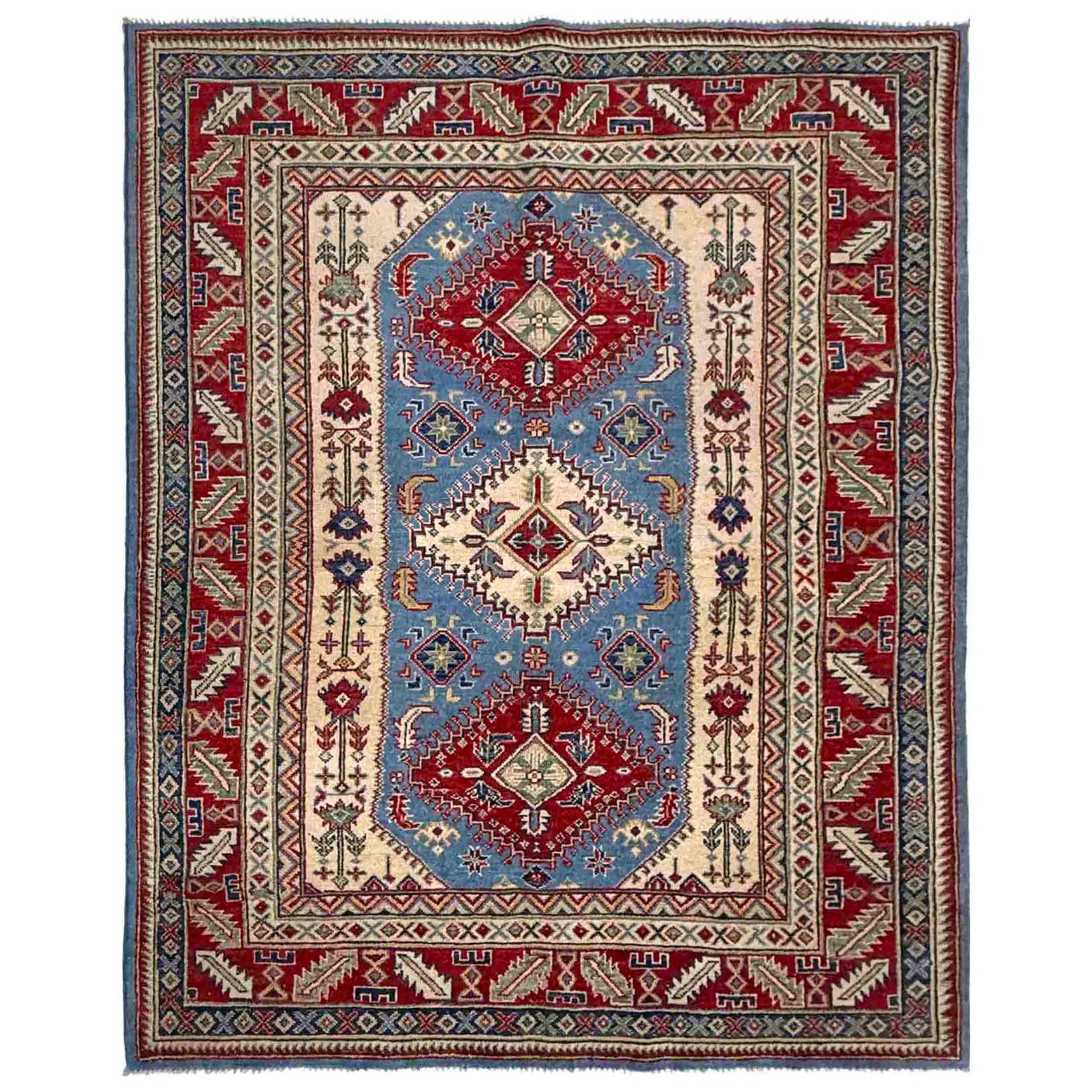 Kazak Rug Handmade Blue Medallion 4x7 ft