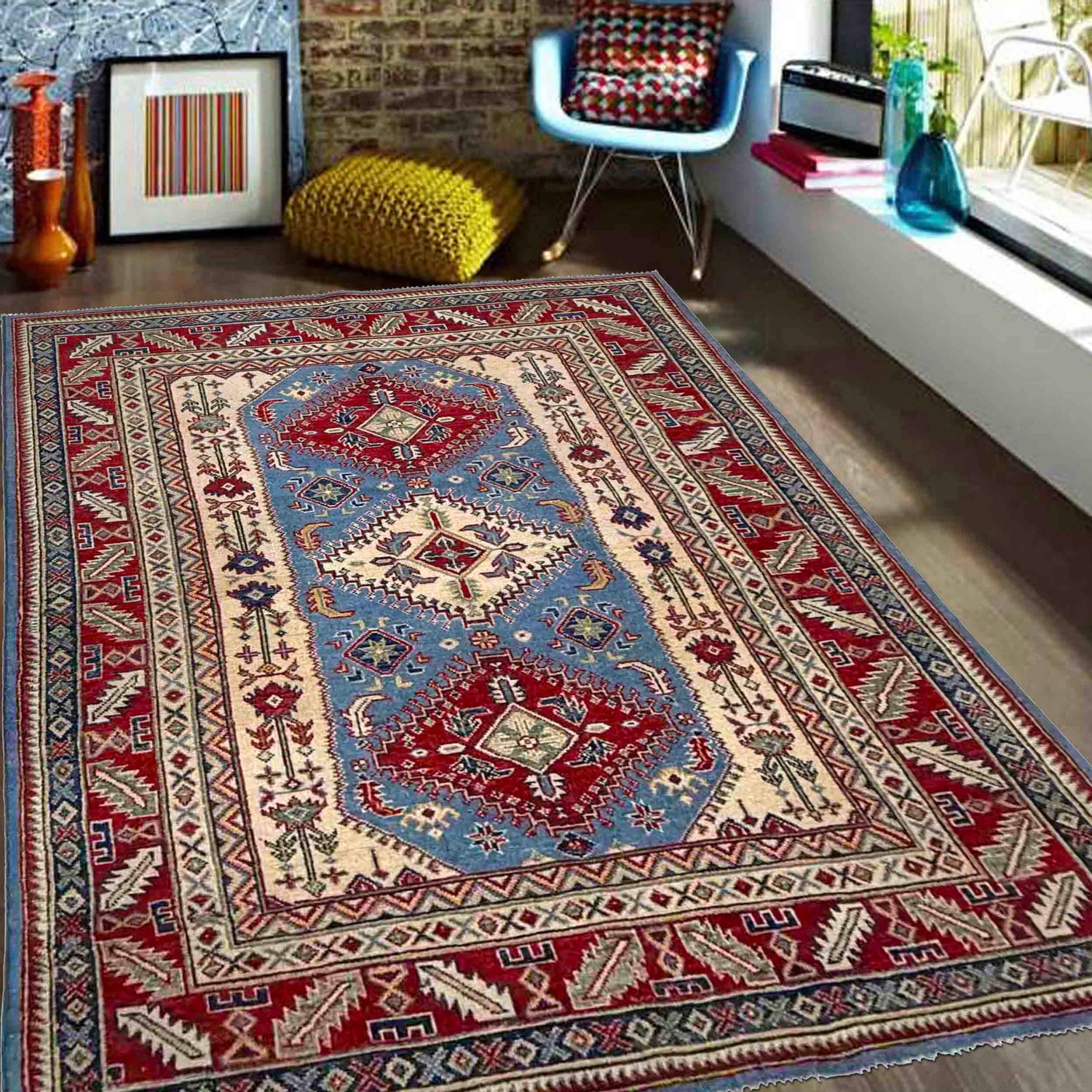 Kazak Rug Handmade Blue Medallion 4x7 ft