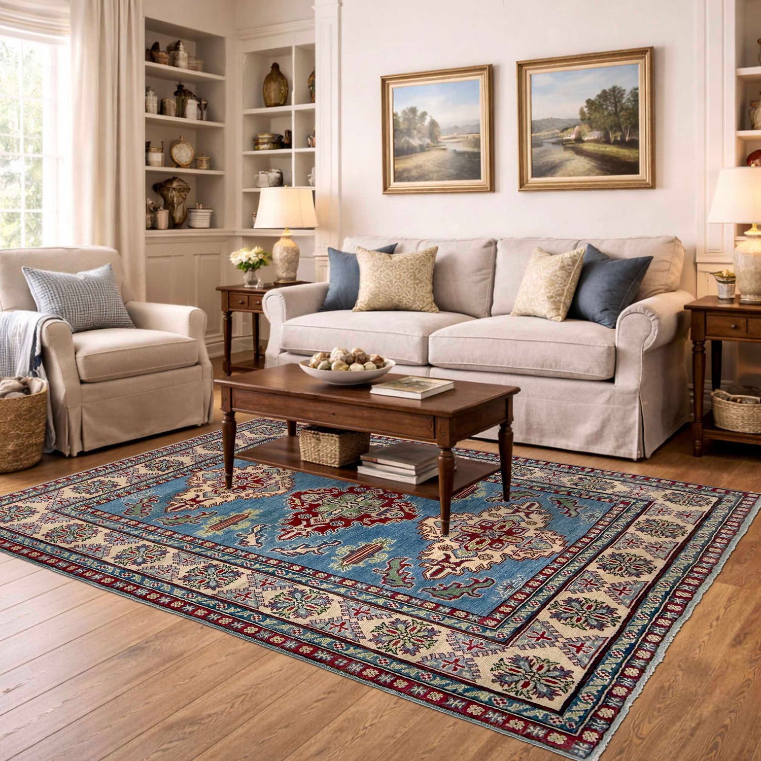 Kazak Rug Handmade Blue Medallion 4x7 ft