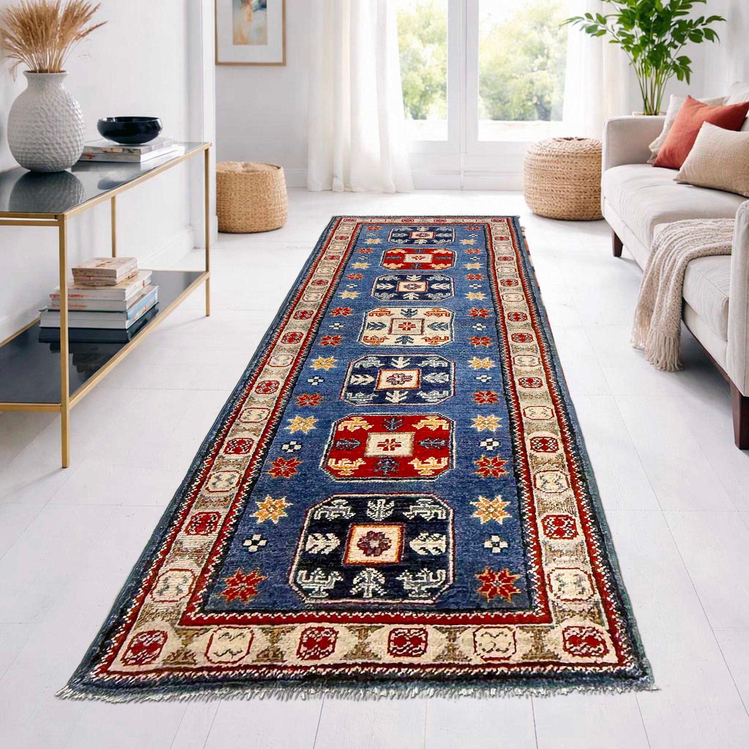 Kazak Rug Handmade Blue Medallion 6' Runner
