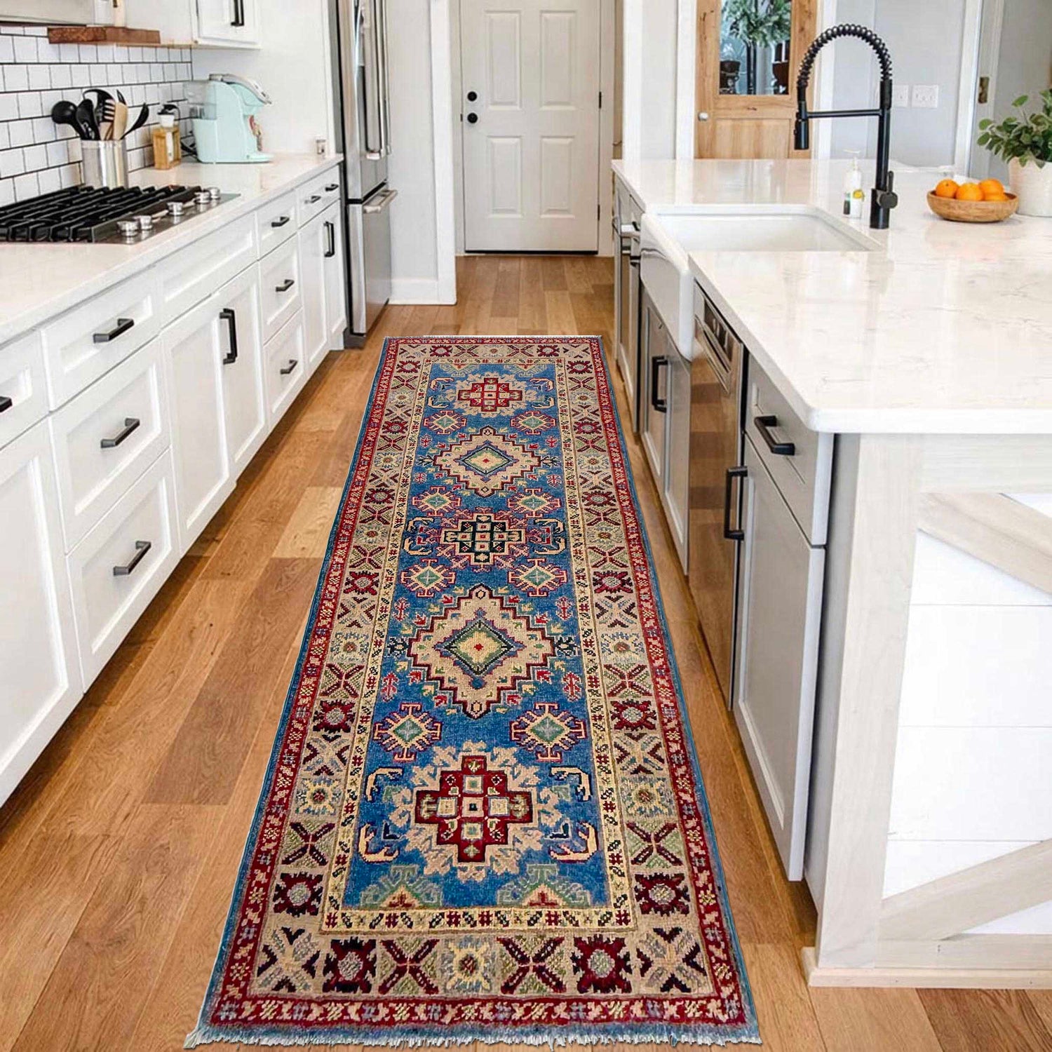 Kazak Rug Handmade Blue Medallion 6' Runner