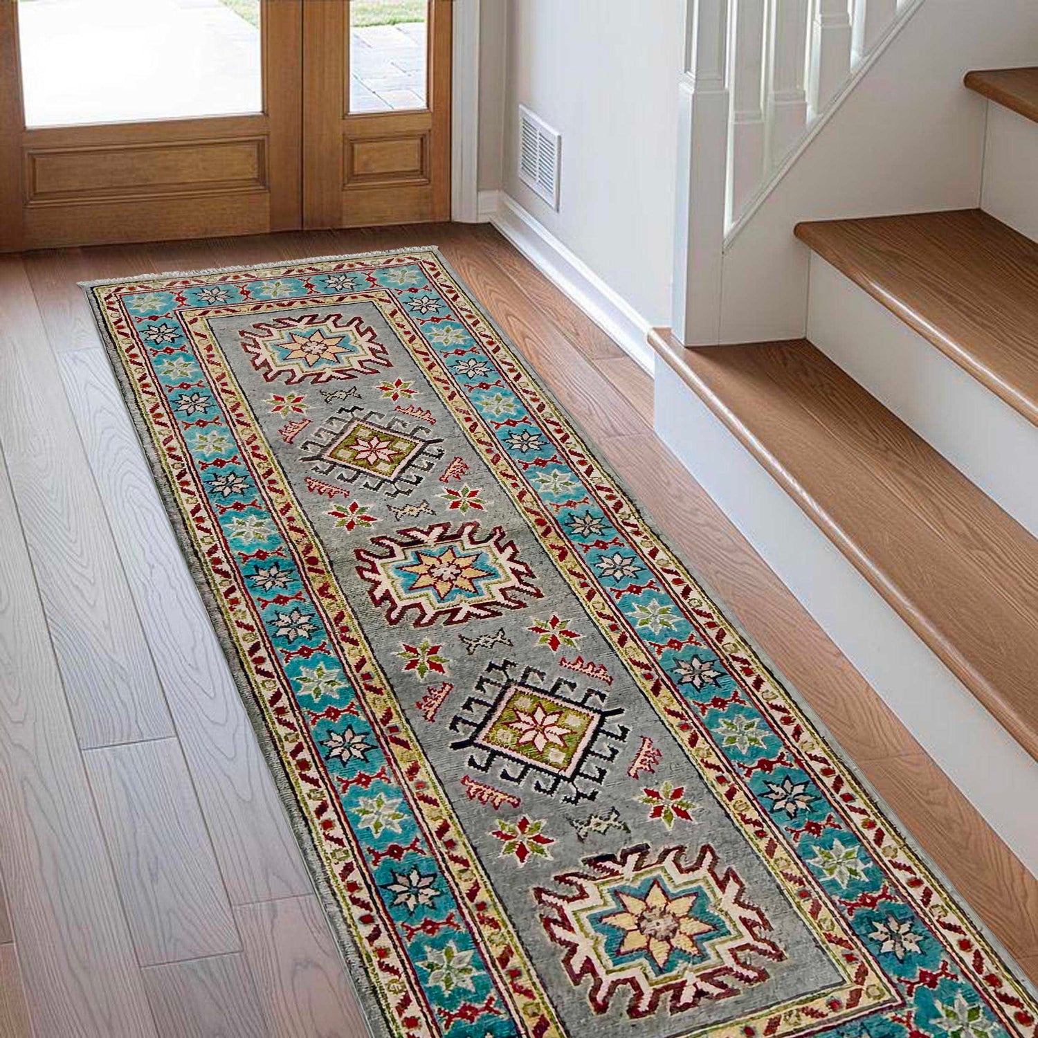 Kazak Rug Handmade Gray Medallion 5' Runner