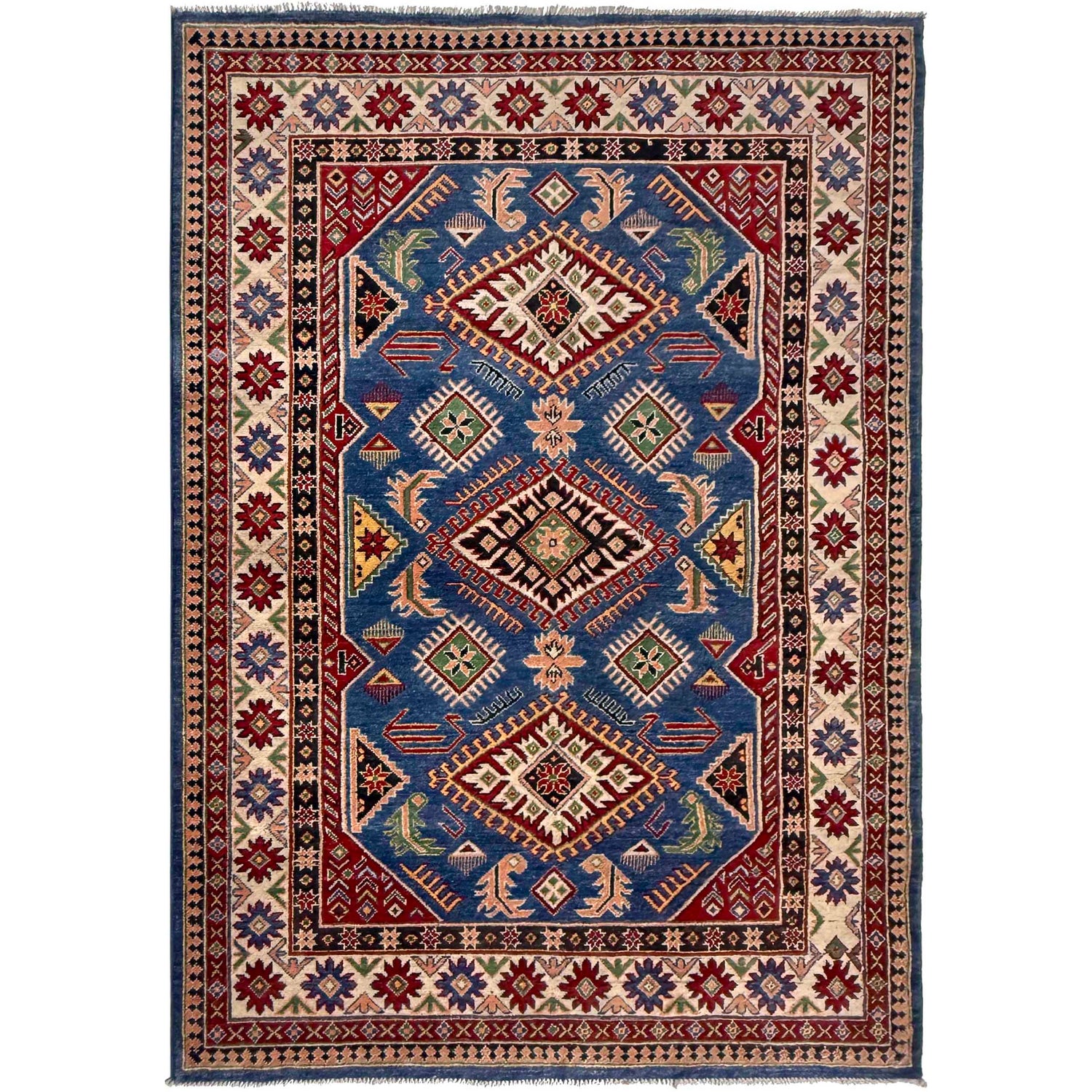 Kazak Rug Handmade Blue Medallion 4x7 ft