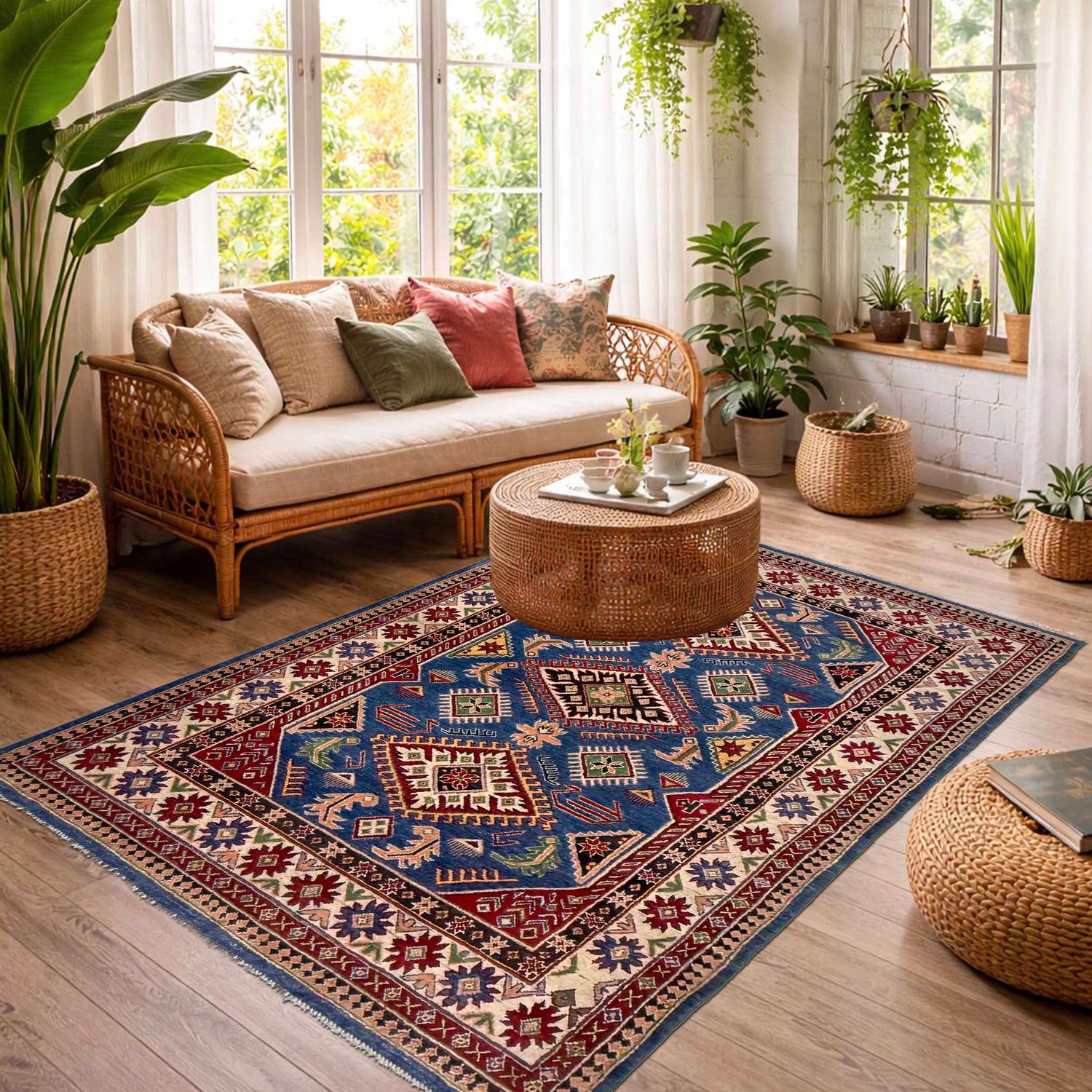 Kazak Rug Handmade Blue Medallion 4x7 ft