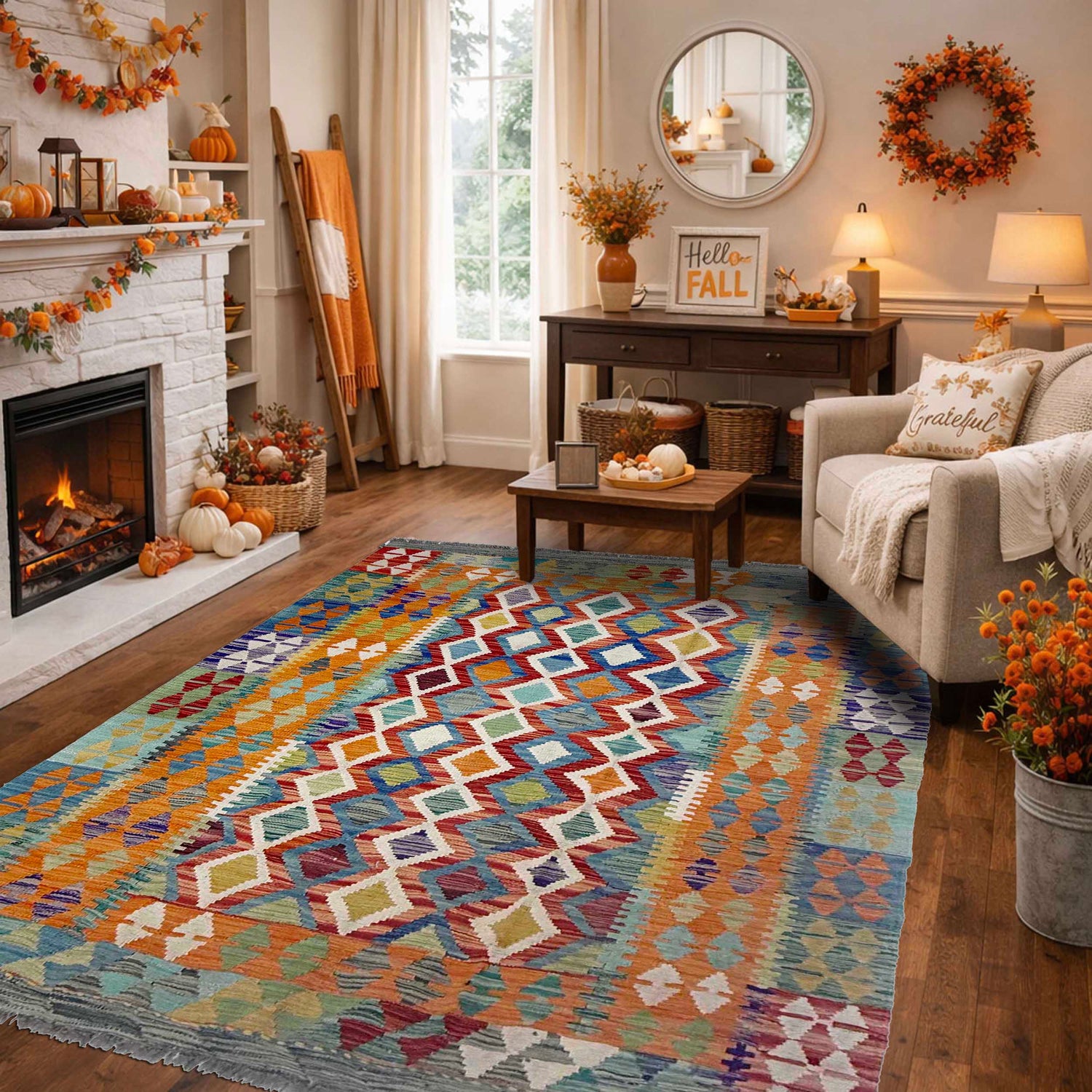 Hand-Knotted Multi Geometric Vegetable Kilim Area Rug – 148 x 202 cm | SKU: G38892