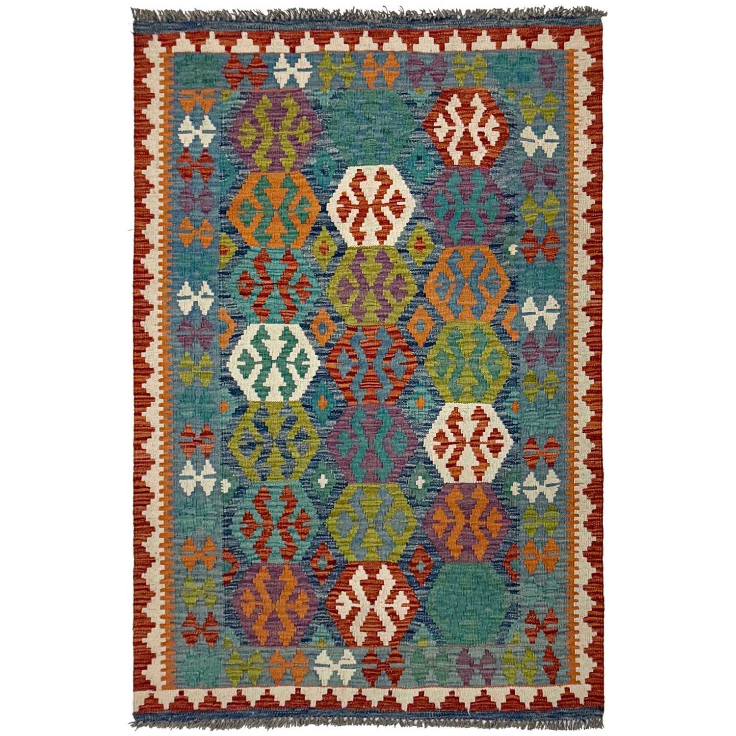 Hand-Knotted Multi Geometric Vegetable Kilim Area Rug – 3' 6" x 5' 3" ft (107 x 160 cm) | SKU: G38925