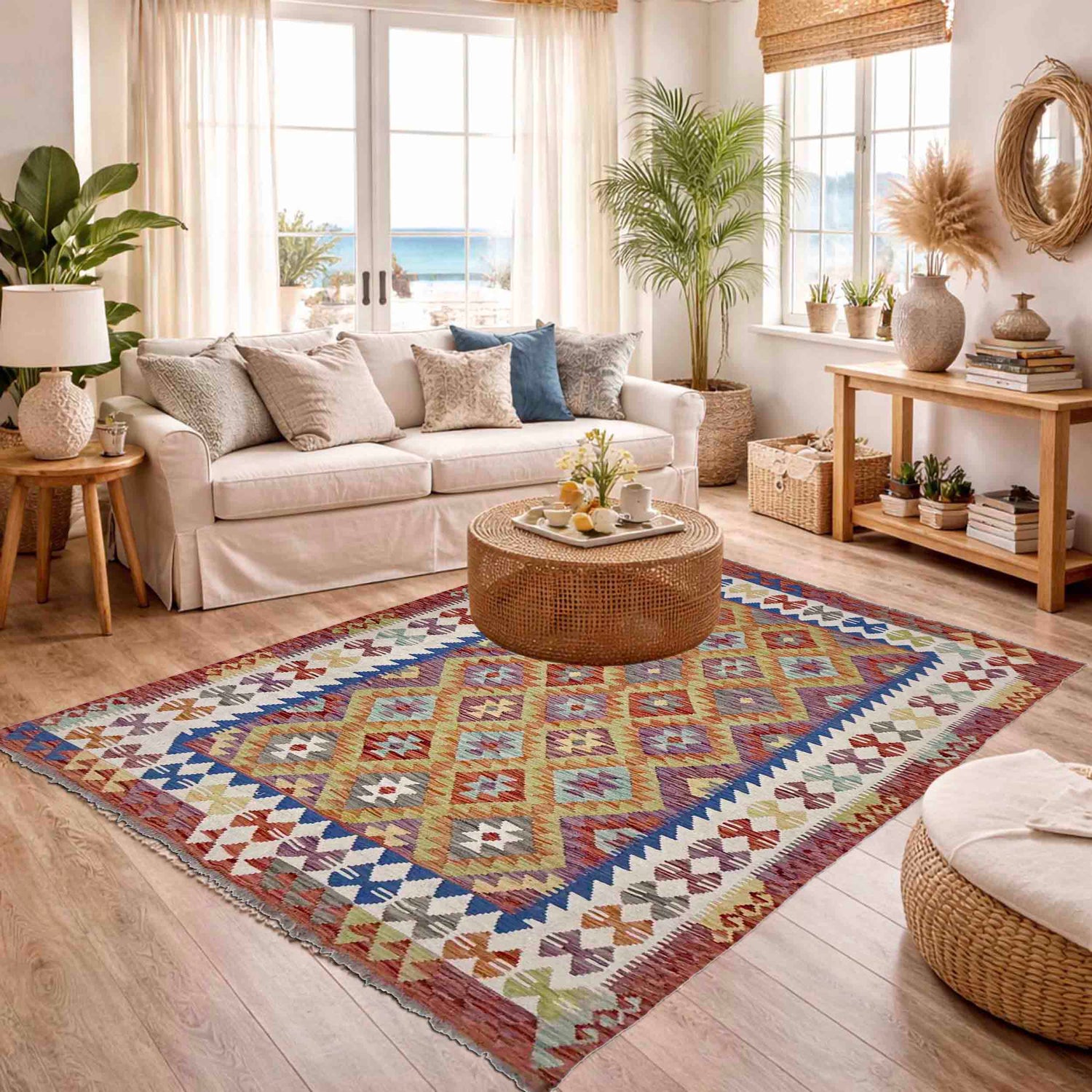 Hand-Knotted Multi Geometric Vegetable Kilim Area Rug – 146 x 207 cm | SKU: G38926