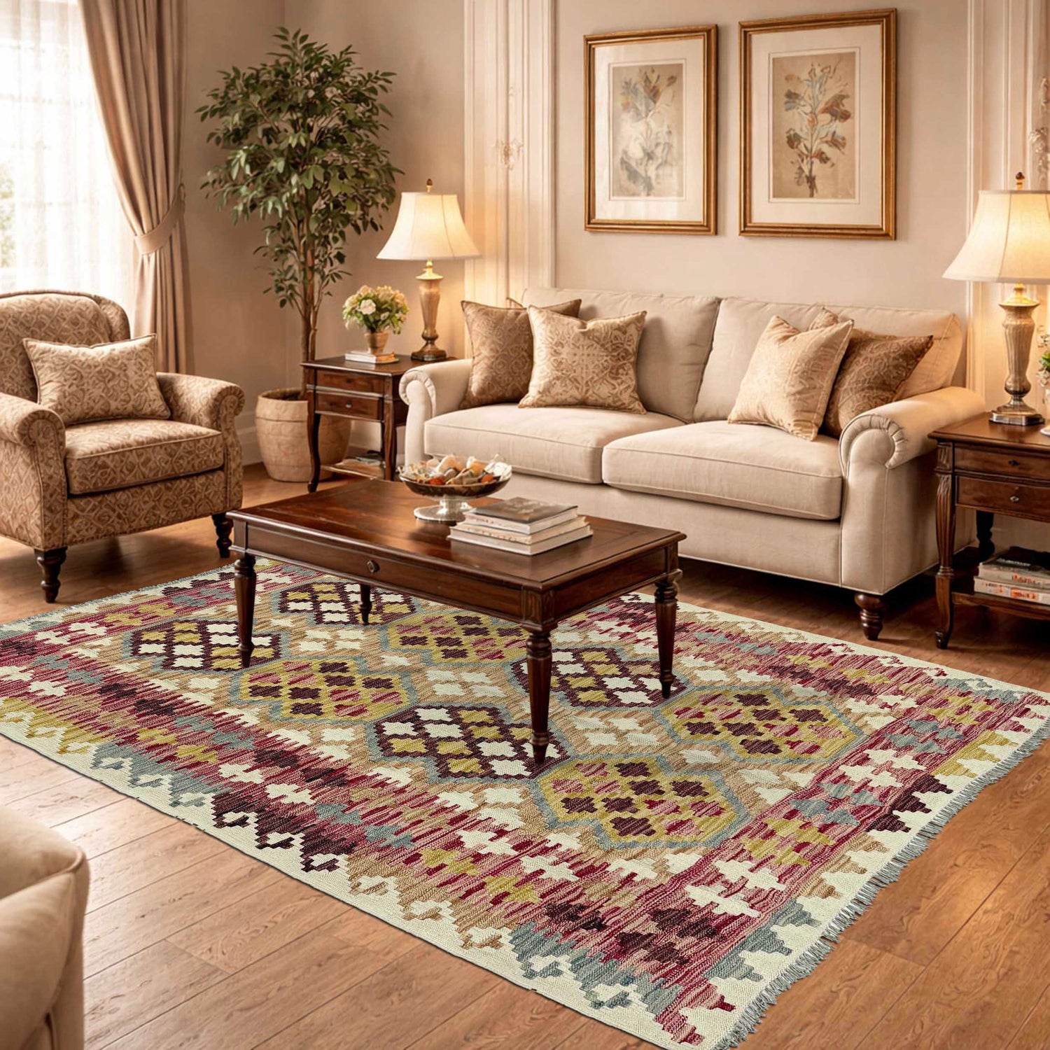 Hand-Knotted Multi Geometric Vegetable Kilim Area Rug – 153 x 196 cm | SKU: G38935