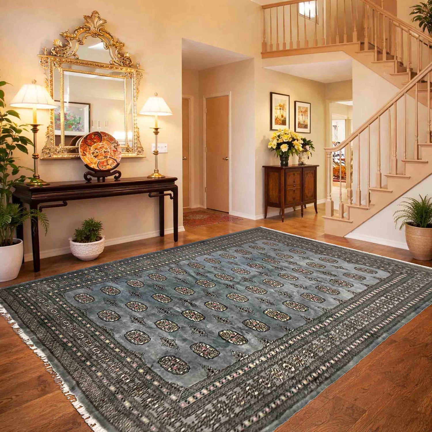 Bokhara Rug Handmade Gray Medallion 7x10 ft