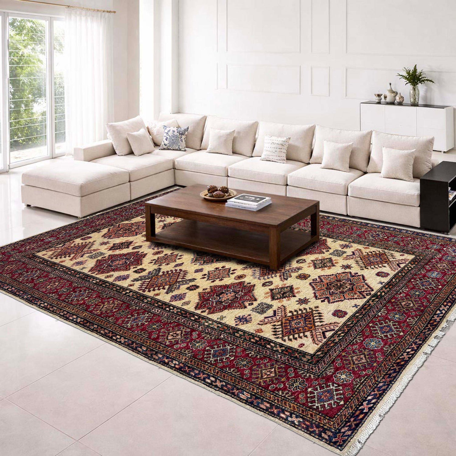 Kazak Rug Handmade Beige Medallion 5x8 ft
