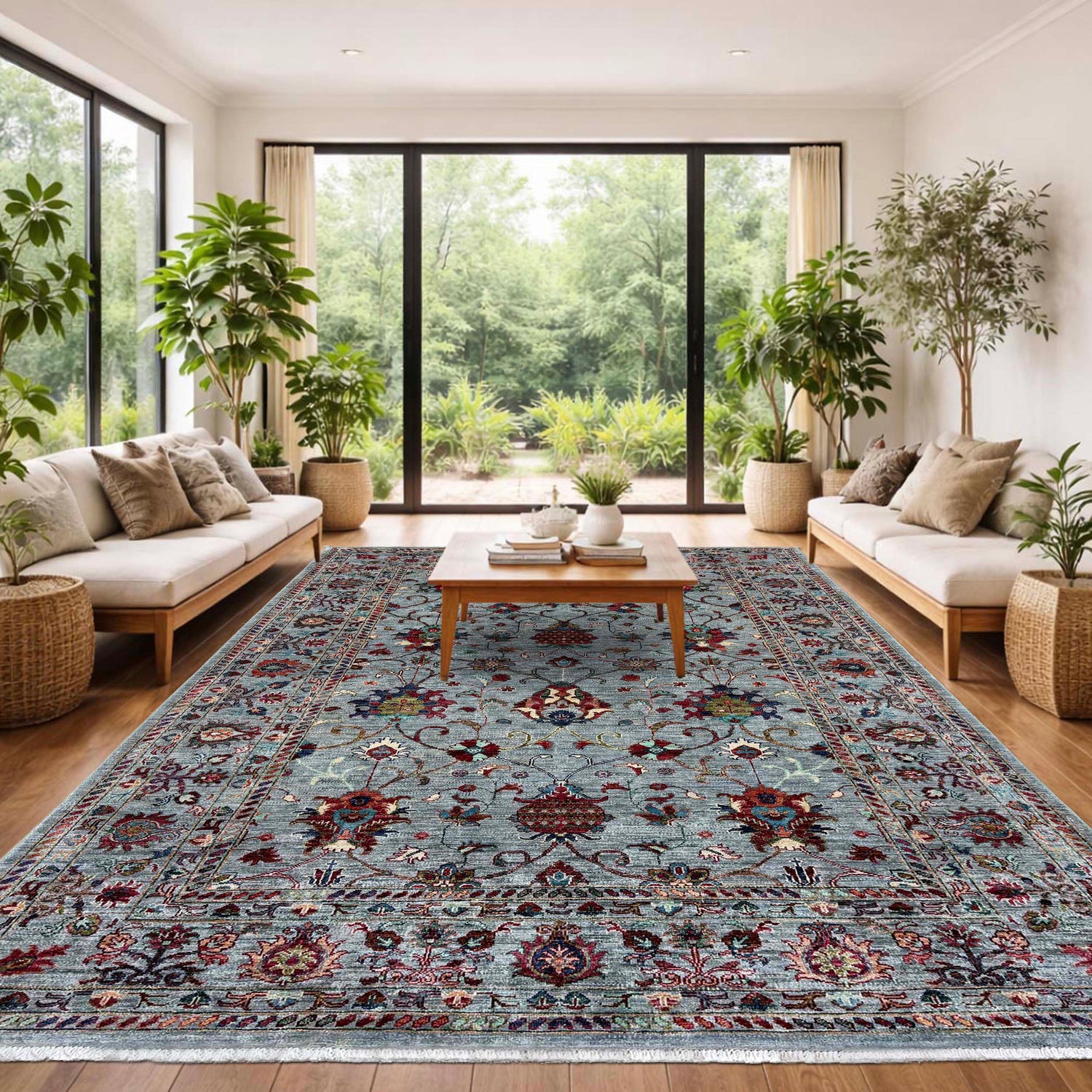 Sultani Area Rug Handmade Blue Floral 5x8 ft